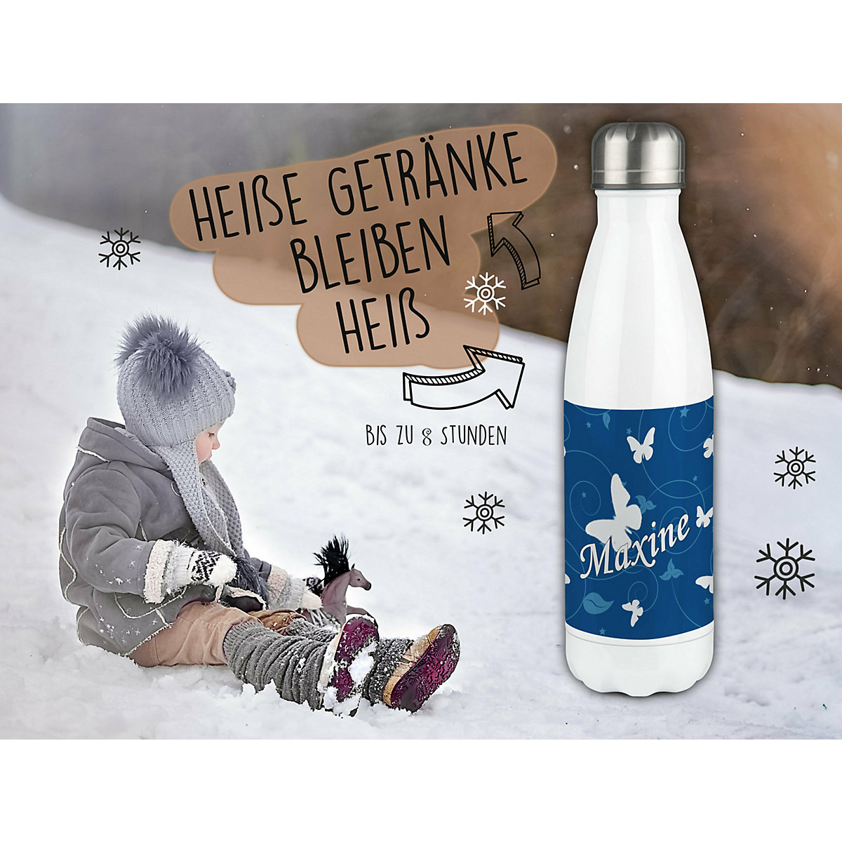 Edelstahl Kinder Thermoflasche / Trinkflasche bunt Schmetterling Ornamente Farbe blau Spülmaschinenfest, Auslaufsicher, Bruchfest, Doppelwandig, Für Heißgetränke geeignet, Mit Deckel, Isoliert