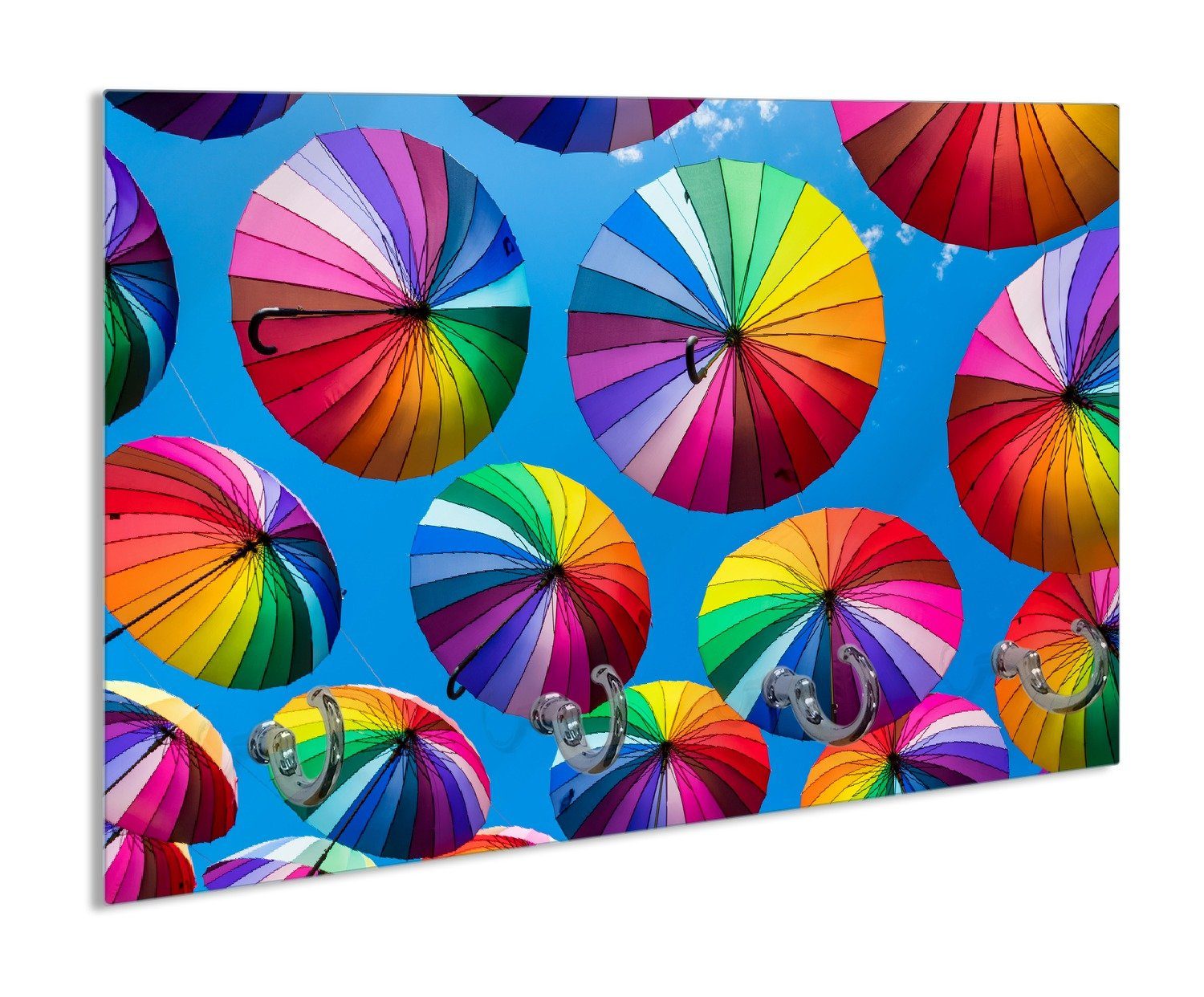 Wallario Schlüsselbrett Bunte Regenschirme vor blauem Himmel, (inkl. Aufhängeset), 30x20cm, aus ESG-Sicherheitsglas