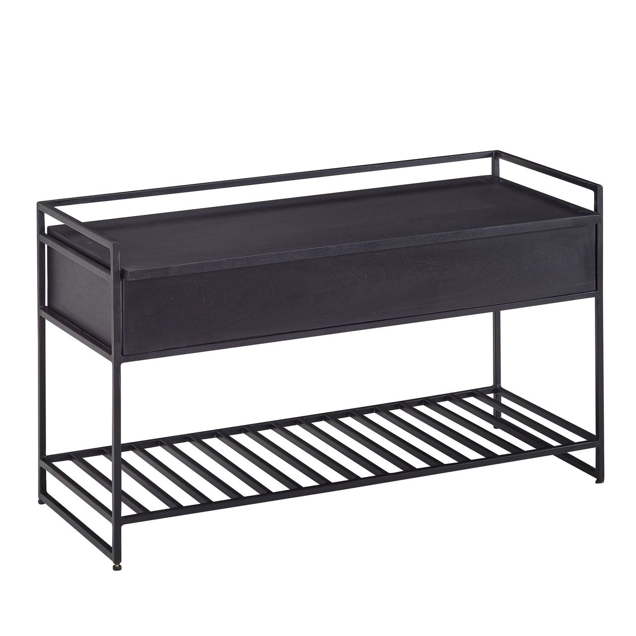 Skyport WOHNLING Sitzbank mit Stauraum Flur 90x52x38 cm Massivholz Flurbank Bank Schwarz