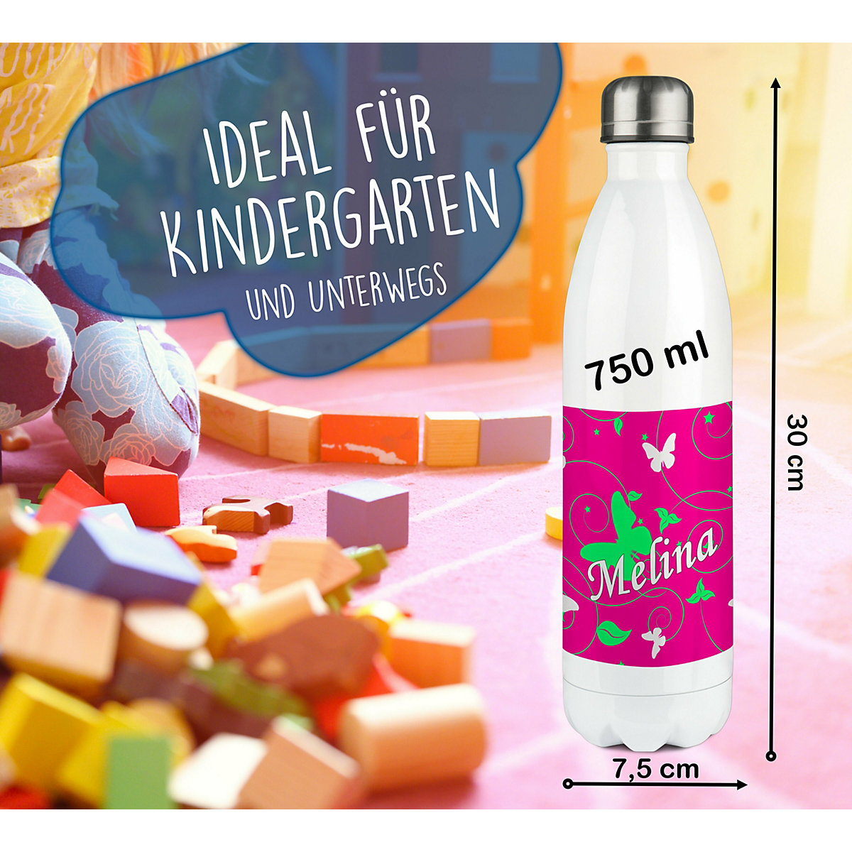 Edelstahl Kinder Thermoflasche / Trinkflasche bunt Schmetterling Ornamente Farbe pink apfelgrün Spülmaschinenfest, Auslaufsicher, Bruchfest, Doppelwandig, Für Heißgetränke geeignet, Mit Deckel, I