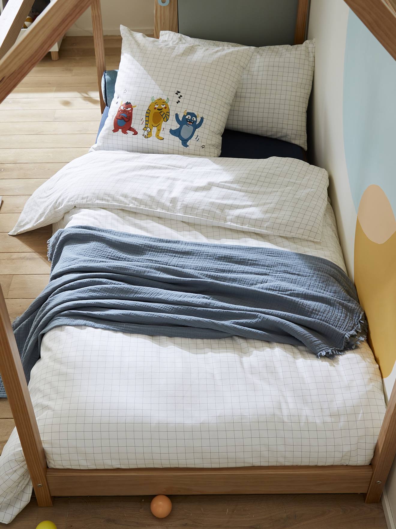 Parure housse de couette + taie d'oreiller enfant MONSTRES multicolore
