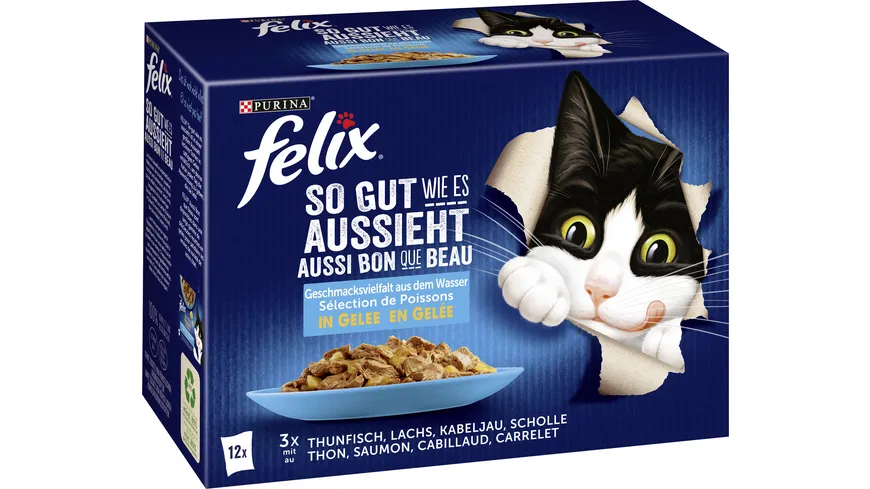 PURINA FELIX So gut wie es aussieht in Gelee Geschmacksvielfalt aus dem Wasser Katzennassfutter 12x85g Portionsbeutel 1020 g