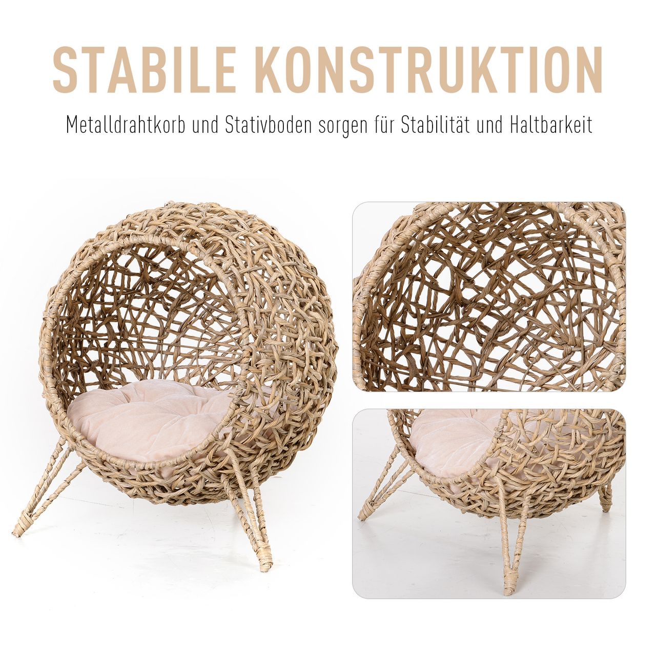 PawHut Katzenhaus aus PE-Rattan mit Kissen Katzenschlafplatz Katzenhöhle Natur