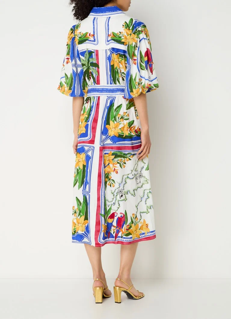 Rochie midi cămașă din amestec de in cu imprimeu floral „Farm Rio Tropical Destination”.