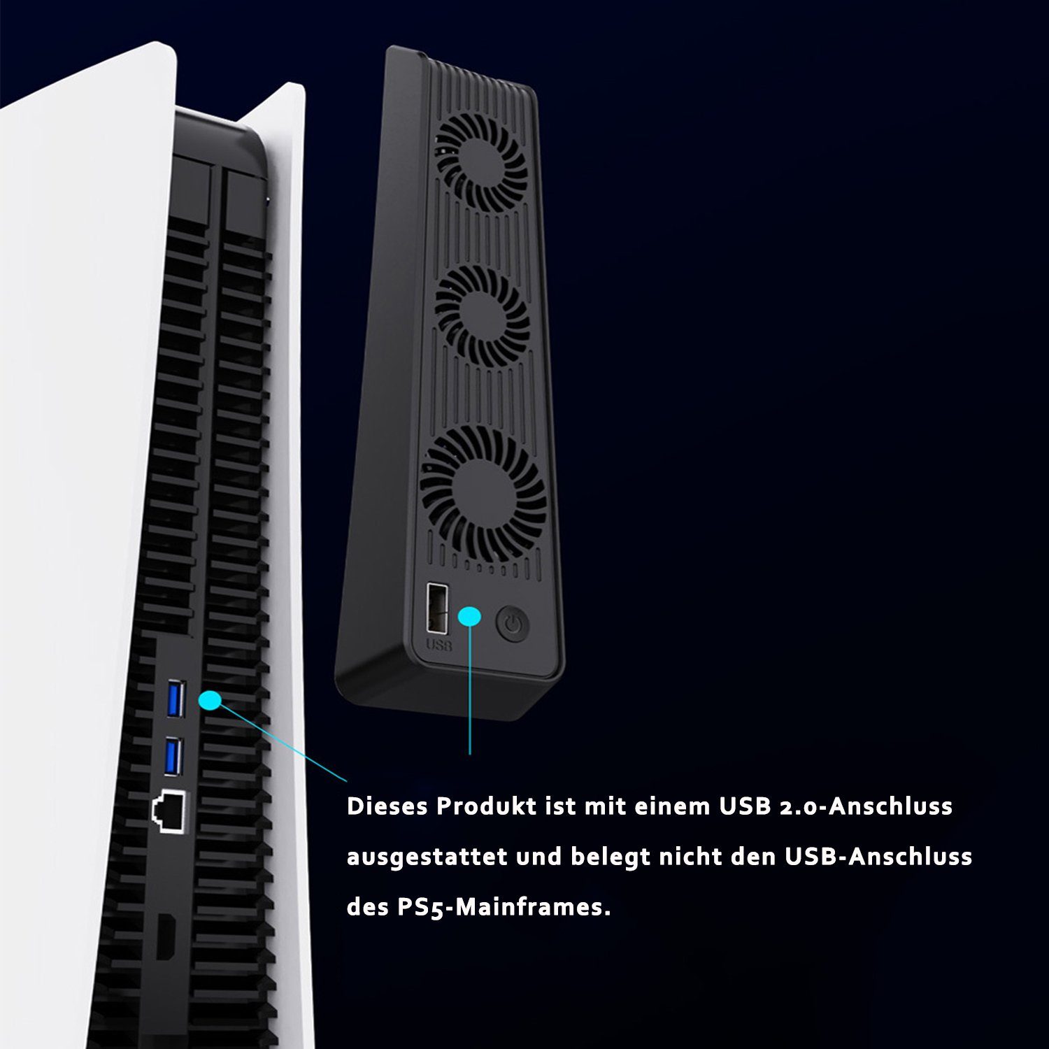 KINSI PS5 Mainframe-Kühlgebläse, PS5 Cooling Lüfter, mit externem PlayStation-Controller (USB-Anschluss und 3 Ventilatoren, Temperaturkontrolle für PS5, Schwarz)