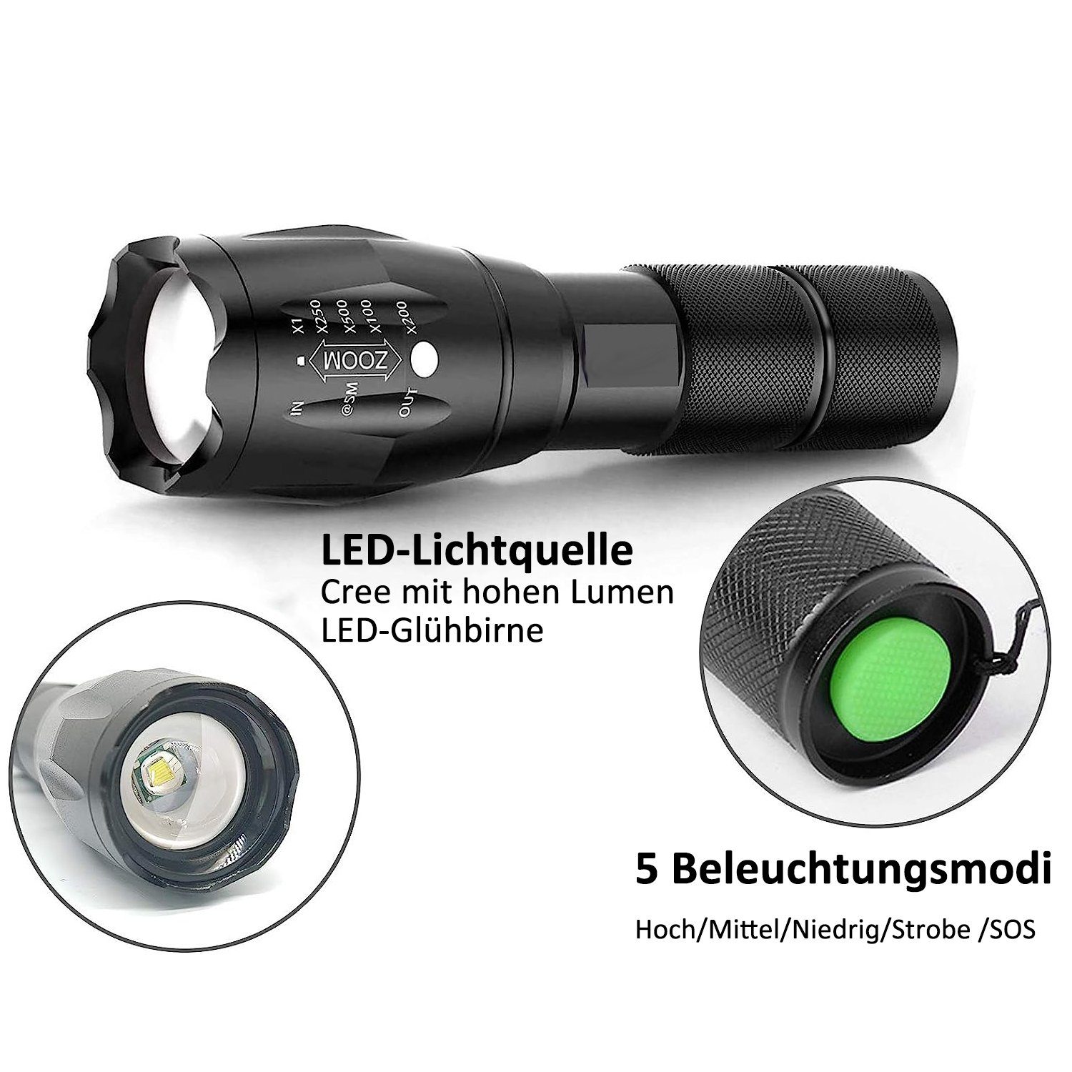 MDHAND LED Taschenlampe 1000 Lumen Zoombar Helle Klein Taschenlampen, 5 Lichtmodi (2-St), Ohne Batterien