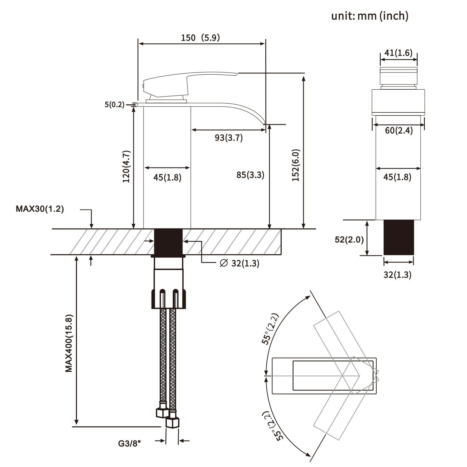 CECIPA Waschtischarmatur Wasserhahn Bad Wasserfall Waschtischarmat Armaturmit Auslauf Höhe 85MM