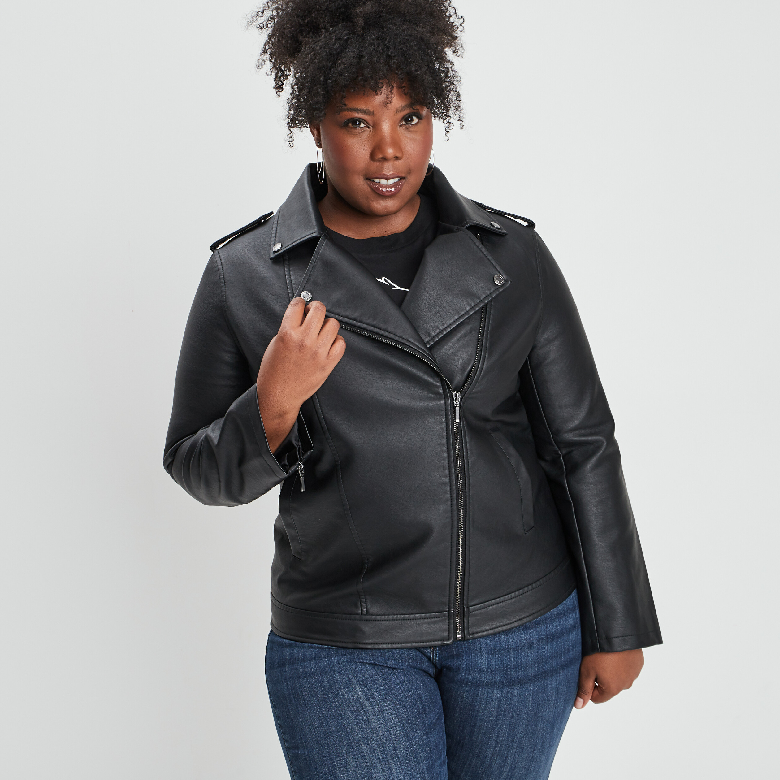 Veste esprit biker simili cuir noir femme grande taille | La Halle
