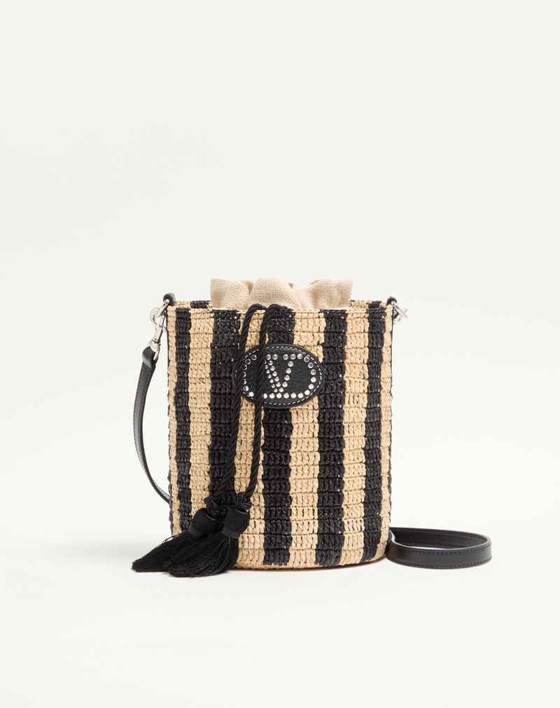 Valentino Garavani lille stribet raffia-buckettaske
