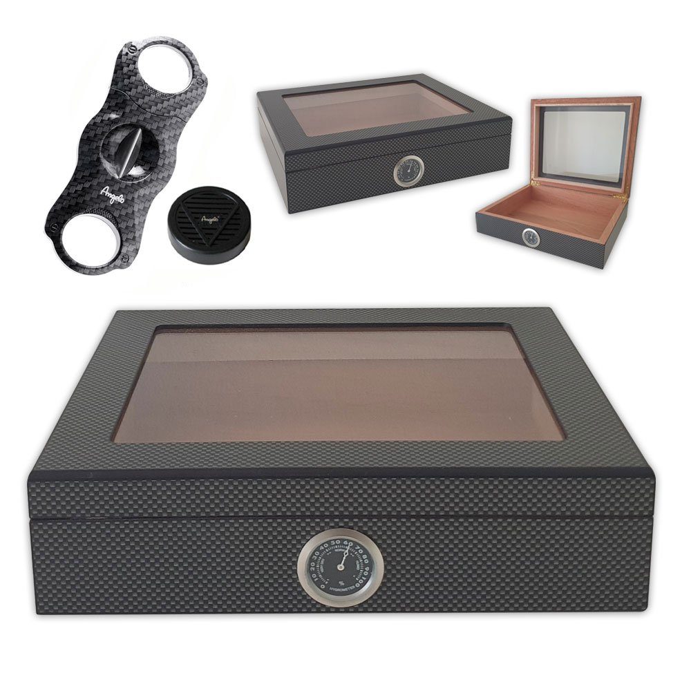 Coumo Humidor Carbon Design, Humidor Set für ca. 20 Zigarren + Zigarrenschneider