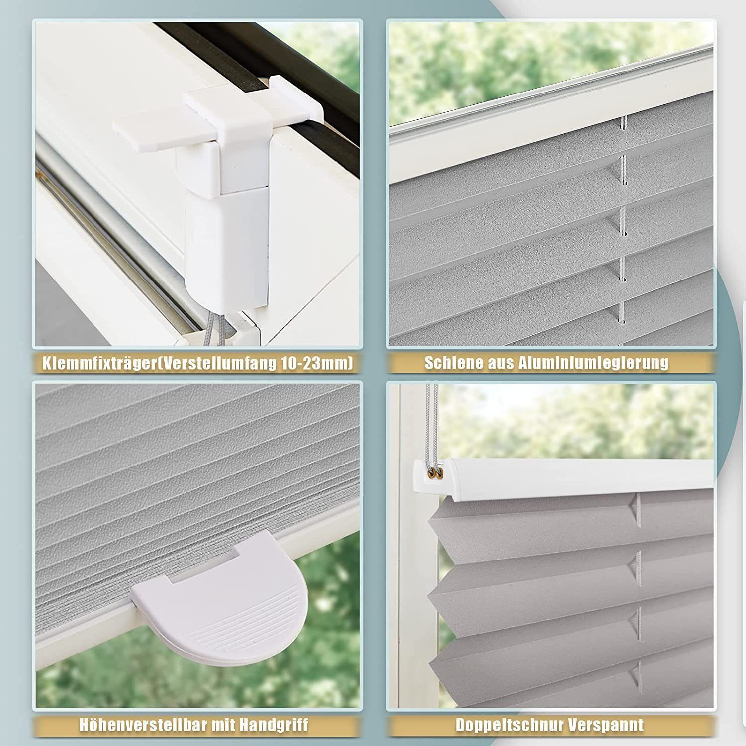 Plissee Klemmfix Rollo lichtdurchlässig und ohne Bohren - für Türen, Fenster, DEEP POWER, freihängend, Klemmfix