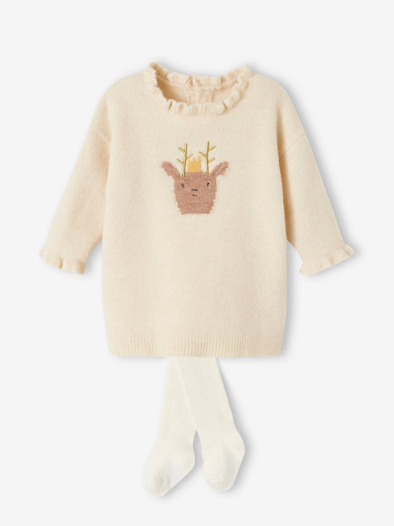 Vertbaudet Mädchen Baby Weihnachts-Set: Strickkleid & Strumpfhose - wollweiß
