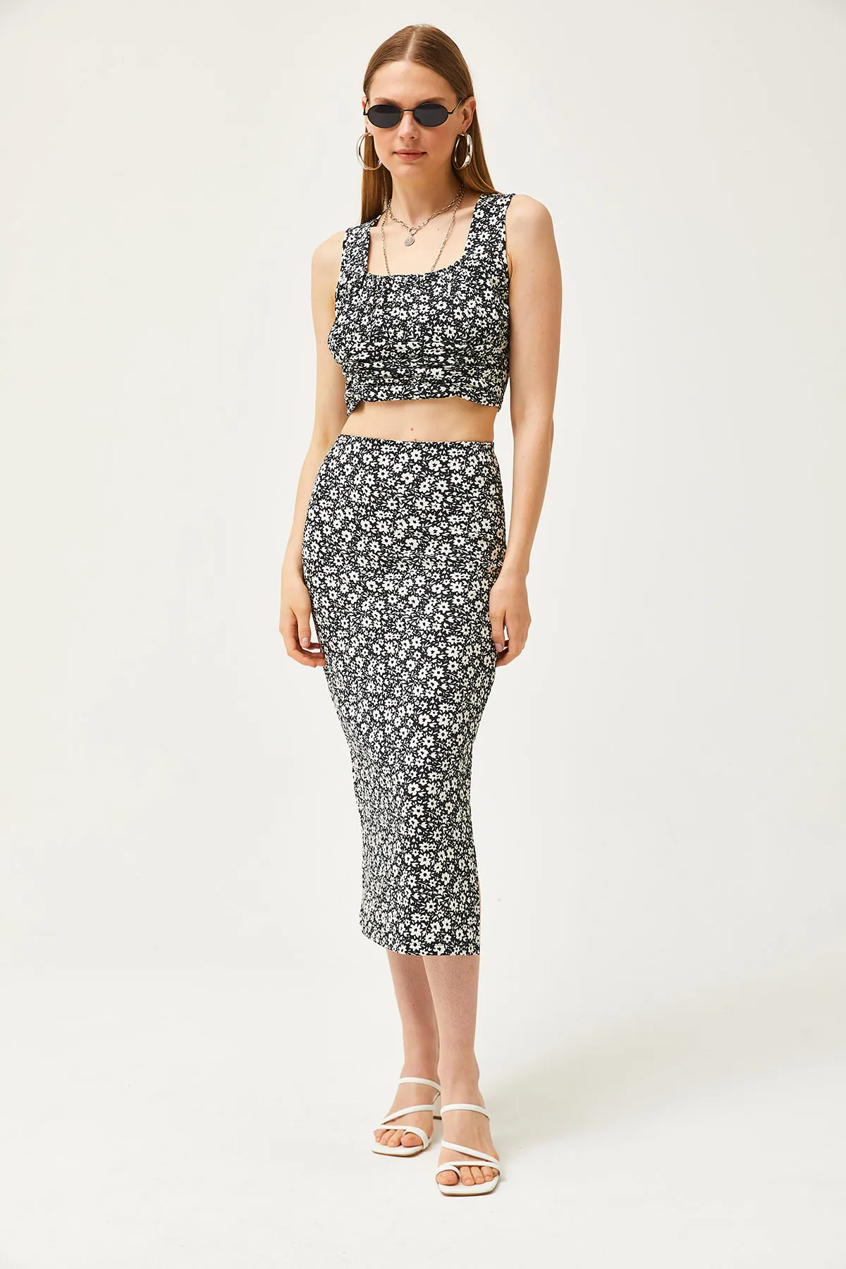 Olalook  Damen Daisy Schwarzes Oberteil Bluse Unterrock Strickunterteil Top Set TKM-19000281
