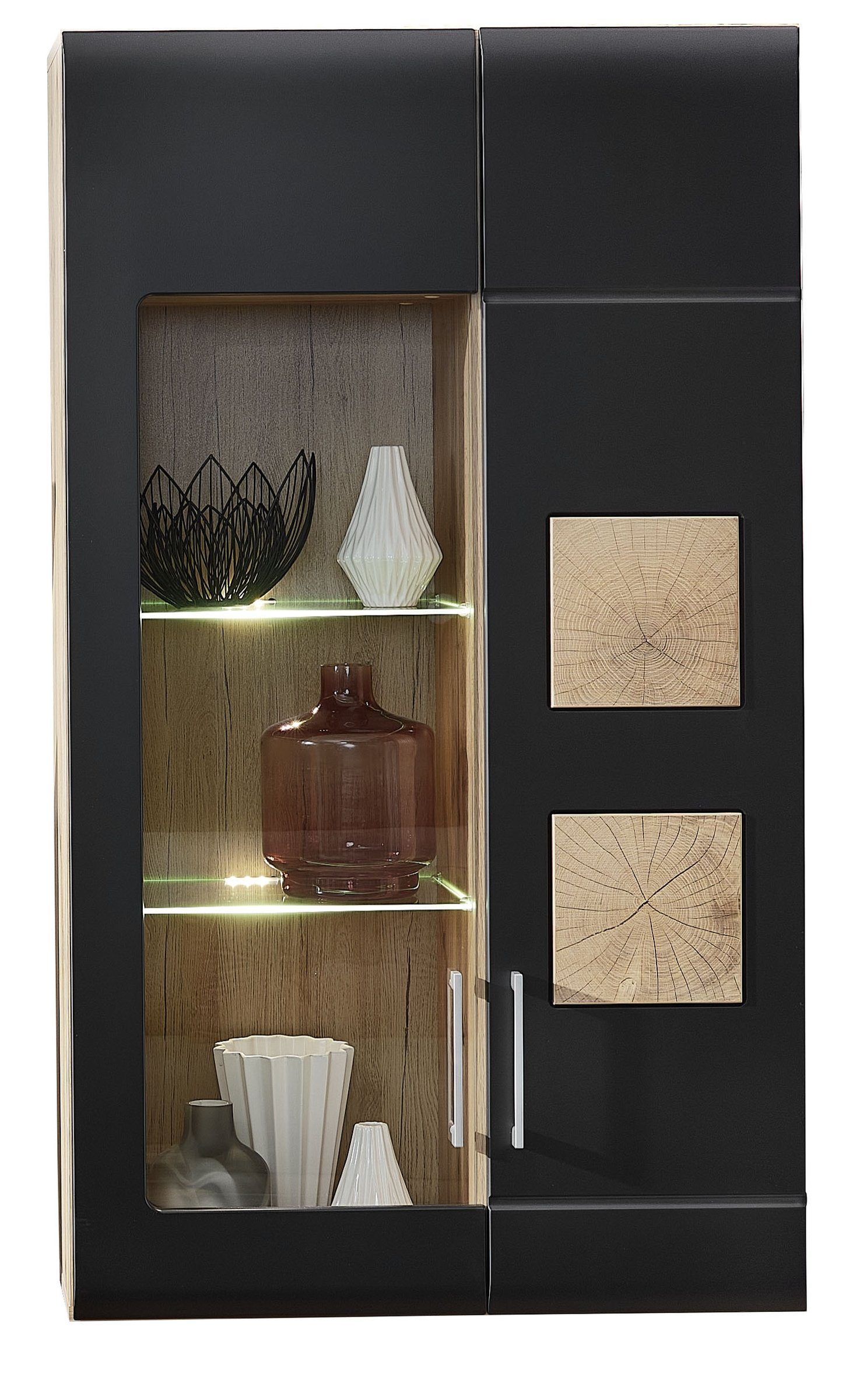 möbelando Wohnwand Sidonia, (5-St), Moderne Wohnwand. Korpus aus MDF in Eiche Altholz Nachbildung, Front in Lack Laminat schwarz supermatt, Griffe in chrom matt und Absetzung in Hirnholz Nachbildung