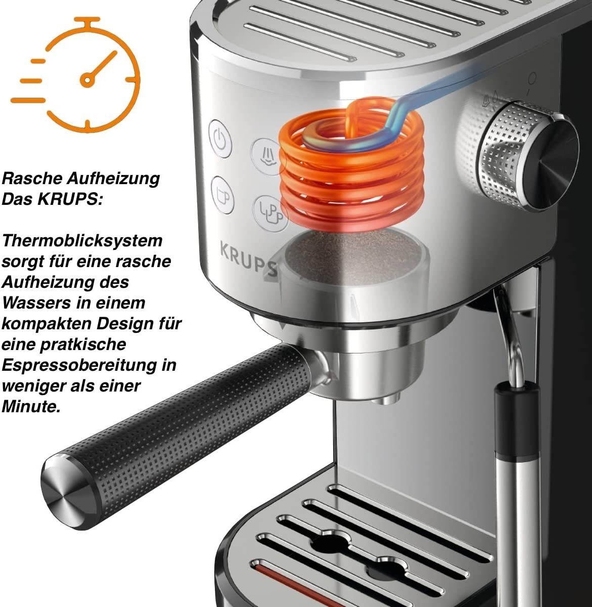 Krups Espressomaschine XP442C, 1l Kaffeekanne, Filtereinsatz automatischer Abschaltung, ESE Kaffeepads geeignet Edelstahl, 15 Bar + Tamper, Milchschaumdüse