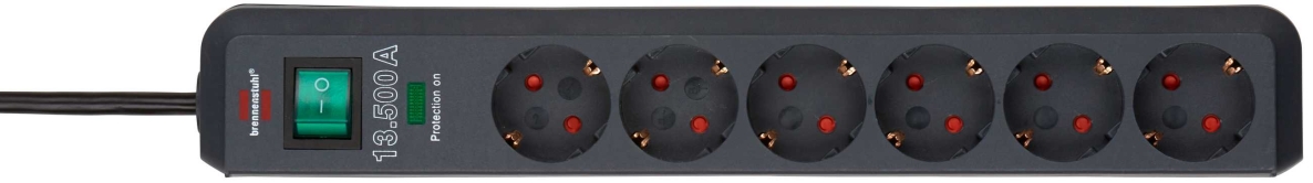 Brennenstuhl 1159700015 Eco-Line 13.500A Steckdosenleiste mit Überspannungsschutz, 6-fach, schwarz, 1,5 m, H05VV-F 3G1.5