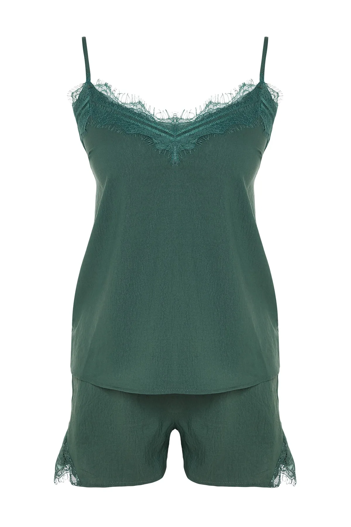 Trendyol Collection  Grünes Pyjama-Set aus Viskosegewebe mit gerüschten Seilträgern THMSS20PT0290