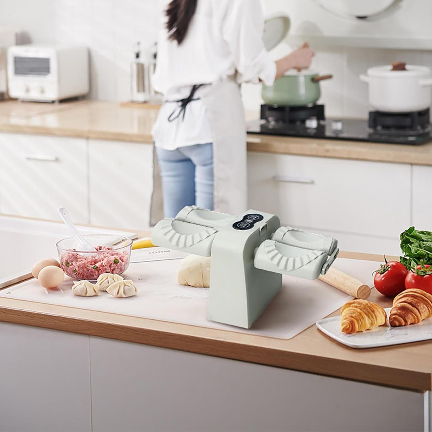 Welikera Nudelmaschine Knödelmaschine,Mnuell,Automatisch,Doppelkopf-Knödelmaschine,Knödelform, 3-Gang-Modus (automatisch/manuell)