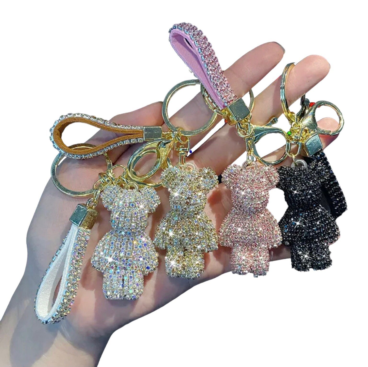 Steinfixx® Schlüsselanhänger Edler Strass Teddybär Cartoon Schlüsselanhänger mit Lederband (Teddybär Anhänger mit Schlüsselring und Karabinerhaken sowie Schlaufe), Schlüsselanhänger - Handyanhänger reich bestückt mit Rhinestones