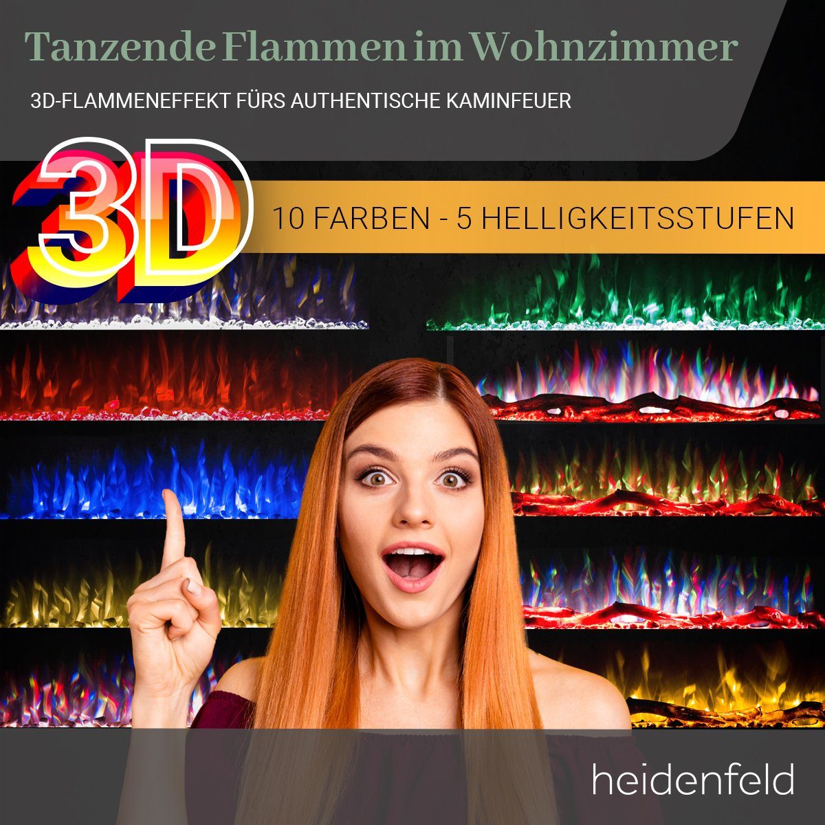 Heidenfeld Elektrokamin Kamin Heizung Wandkamin HF-WK200 750/1500 Watt inkl. 3 Jahre Garantie, 3D Flammen - 10 wählbare LED Farben - Fernbedienung - Elektroheizung