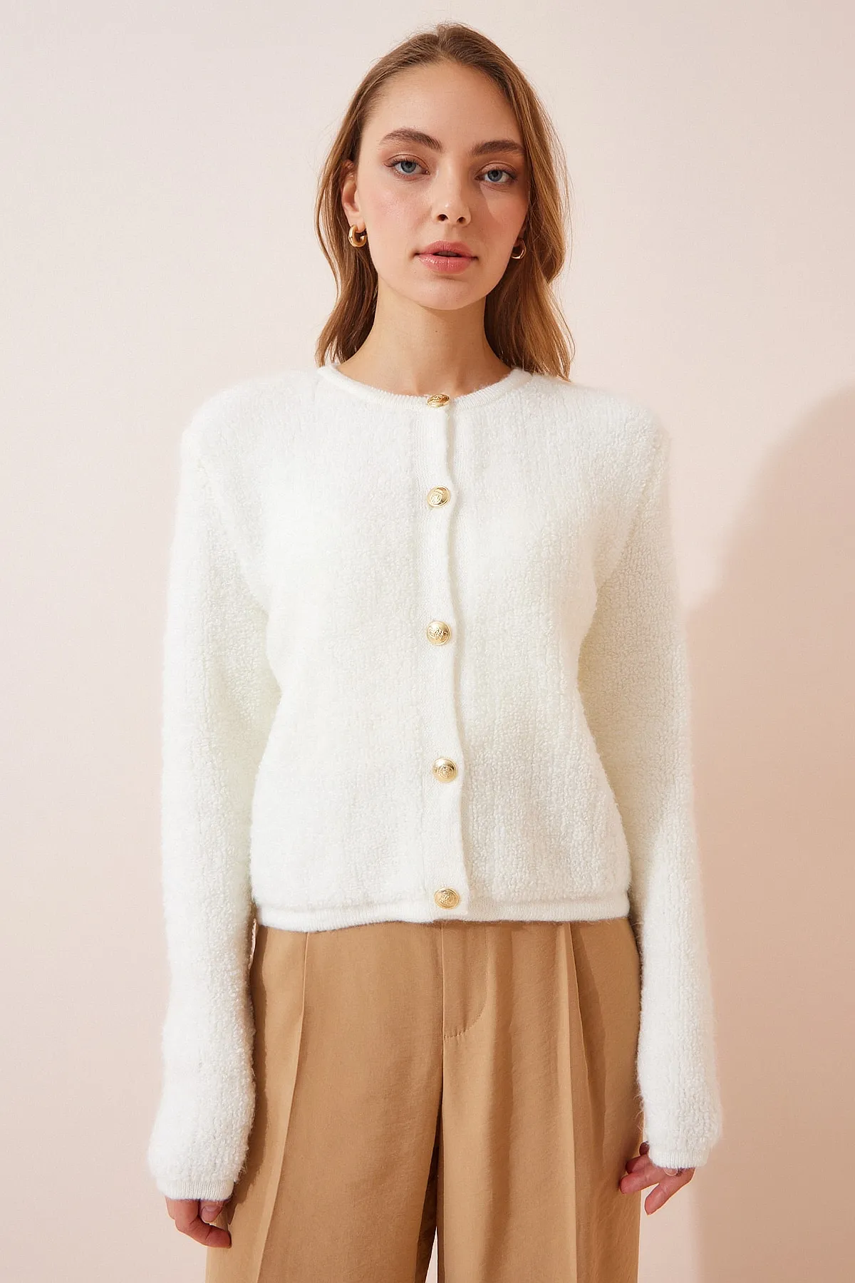 Happiness İstanbul  Strickjacke - Ecru - Regular Fit