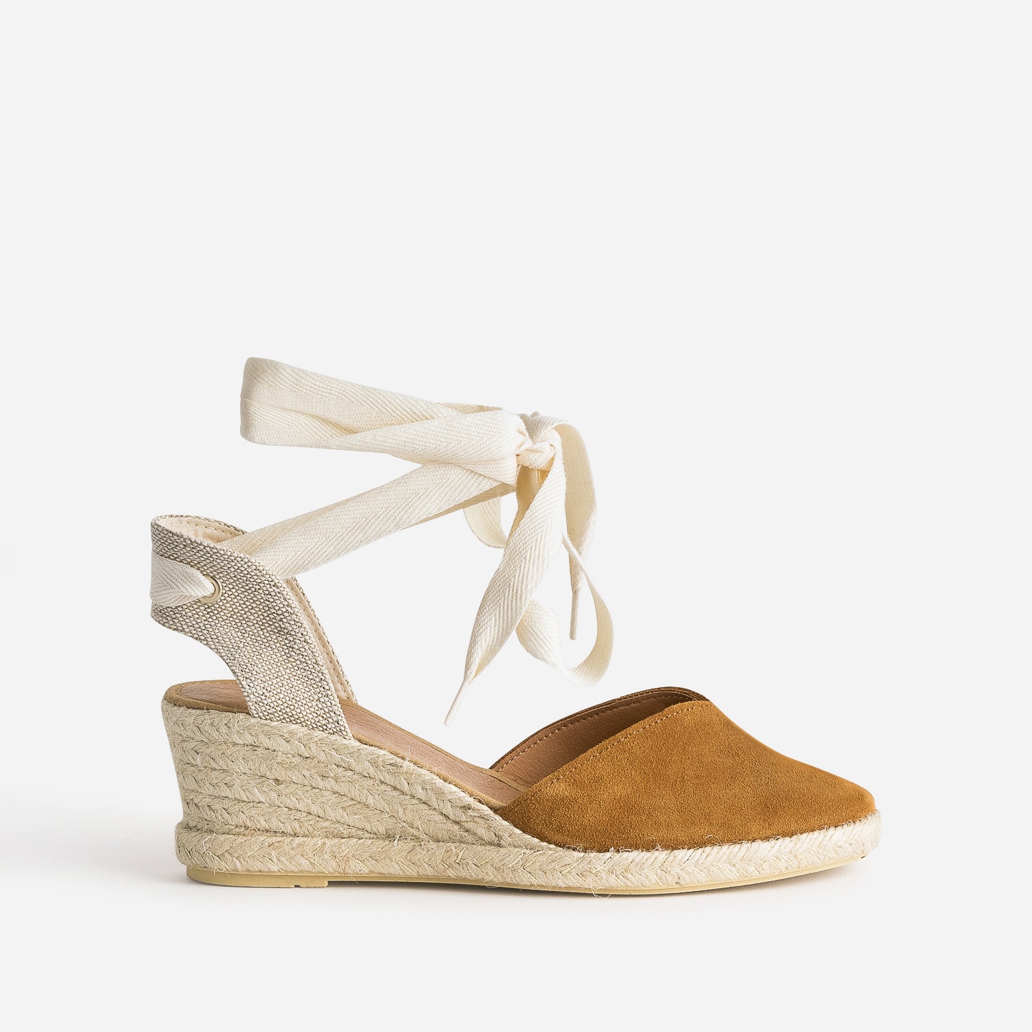 Espadrille compensée camel en cuir velours