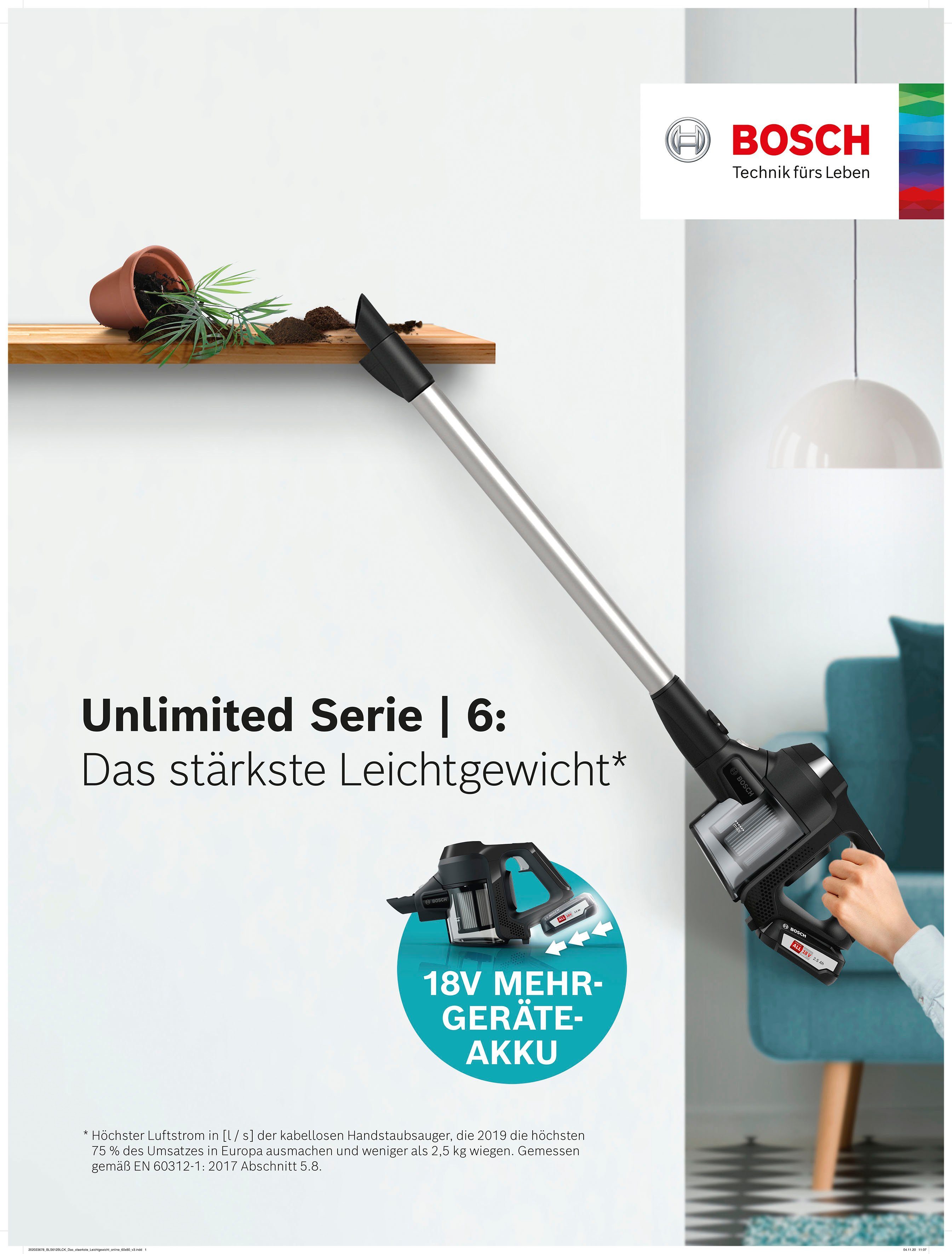 BOSCH Akku-Stielstaubsauger Unlimited Serie 6, weiß, BCS611AM, beutellos, 18V Power for ALL Akku, inkl. Möbelpinsel und Polsterdüse