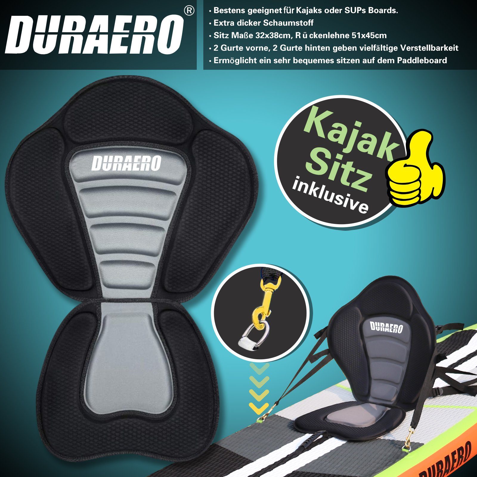 DURAERO Inflatable SUP-Board Stand up Paddling Board, 330x76x15cm, Action-Cam Halterung, bis 150kg