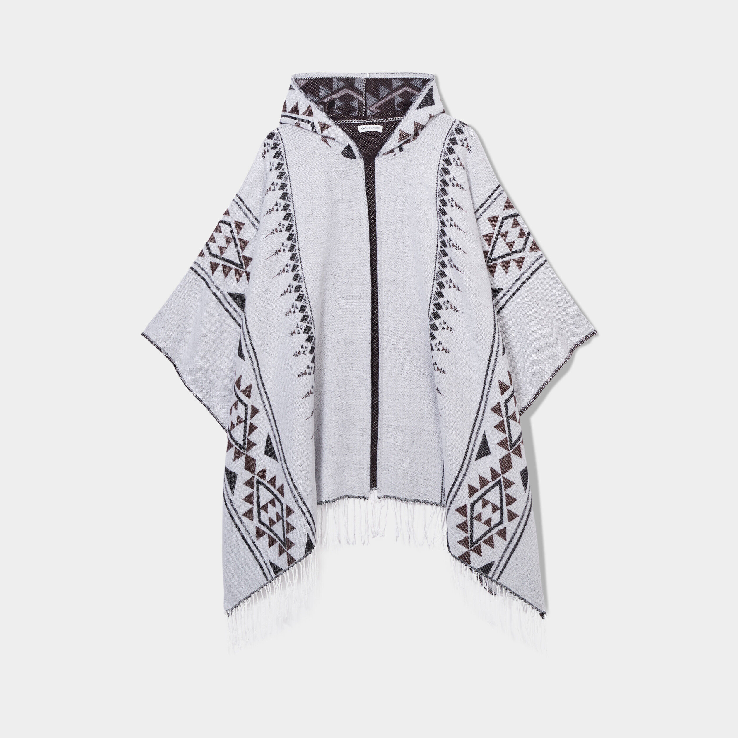 Poncho à capuche et franges ecru femme | Cache Cache