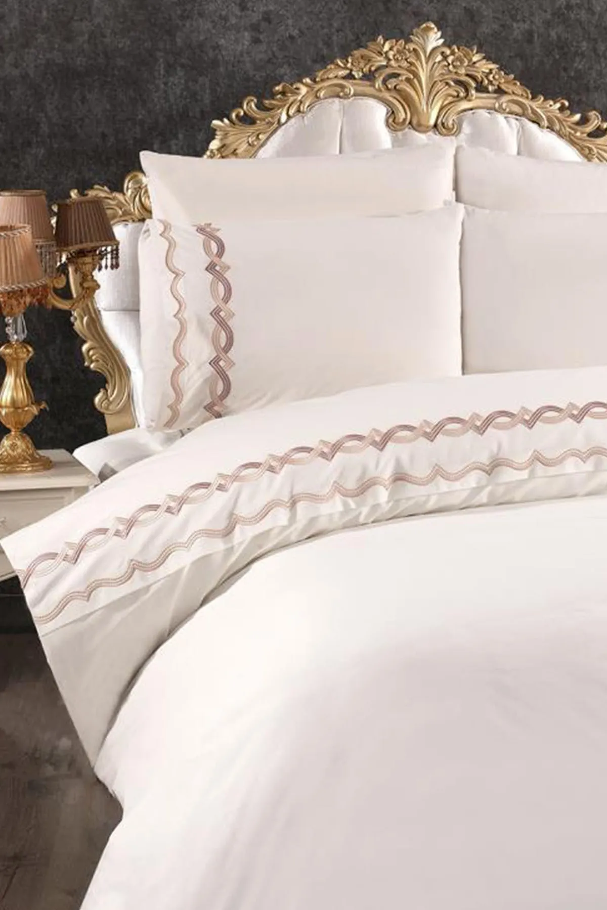 Çeyiz Diyarı  Flexi besticktes 6-teiliges Bettbezug-Set aus 100 % Baumwolle, Creme