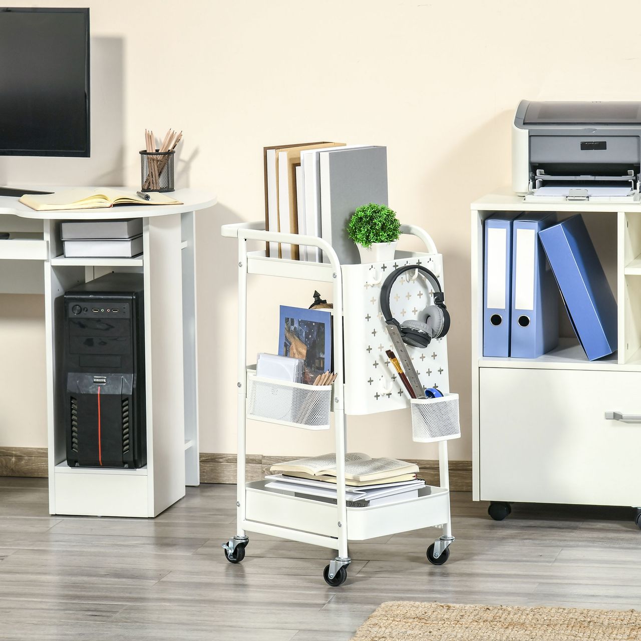 HOMCOM Rollwagen 3-Etagen Küchenwagen mit Schubladen und Korb für Küche Büro Aufbewahrungswagen Servierwagen Küchenregal mit Rollen Schlafzimmer Wohnzimmer Stahl Weiß 51,5 x 32 x 75,6 cm