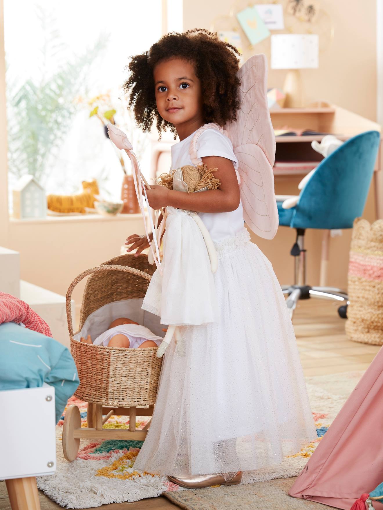 Ailes de papillon en gaze de coton + baguette magique rose