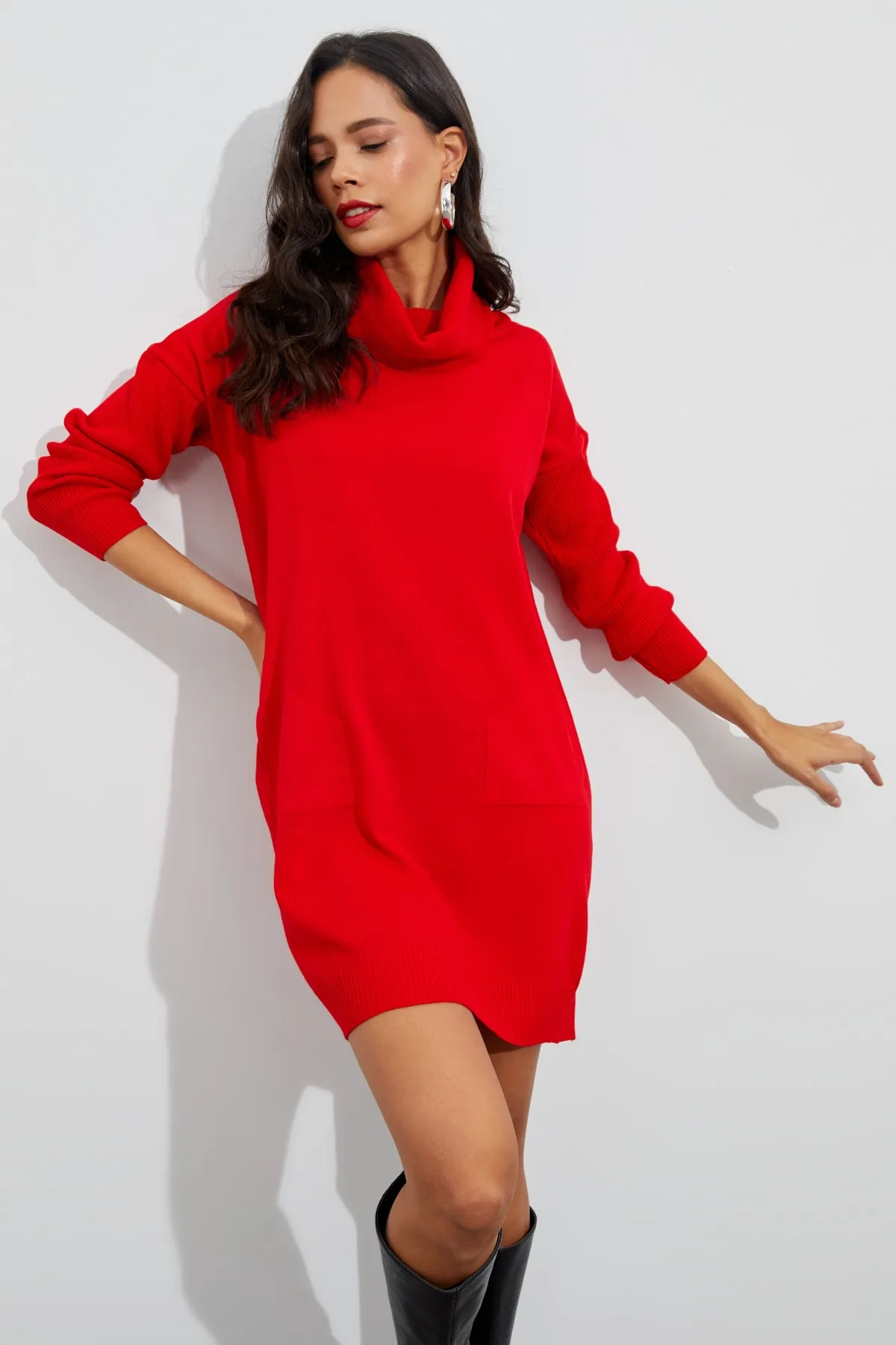 Cool & Sexy  Rotes Strick-Minikleid mit Rüschenkragen für Damen YV73