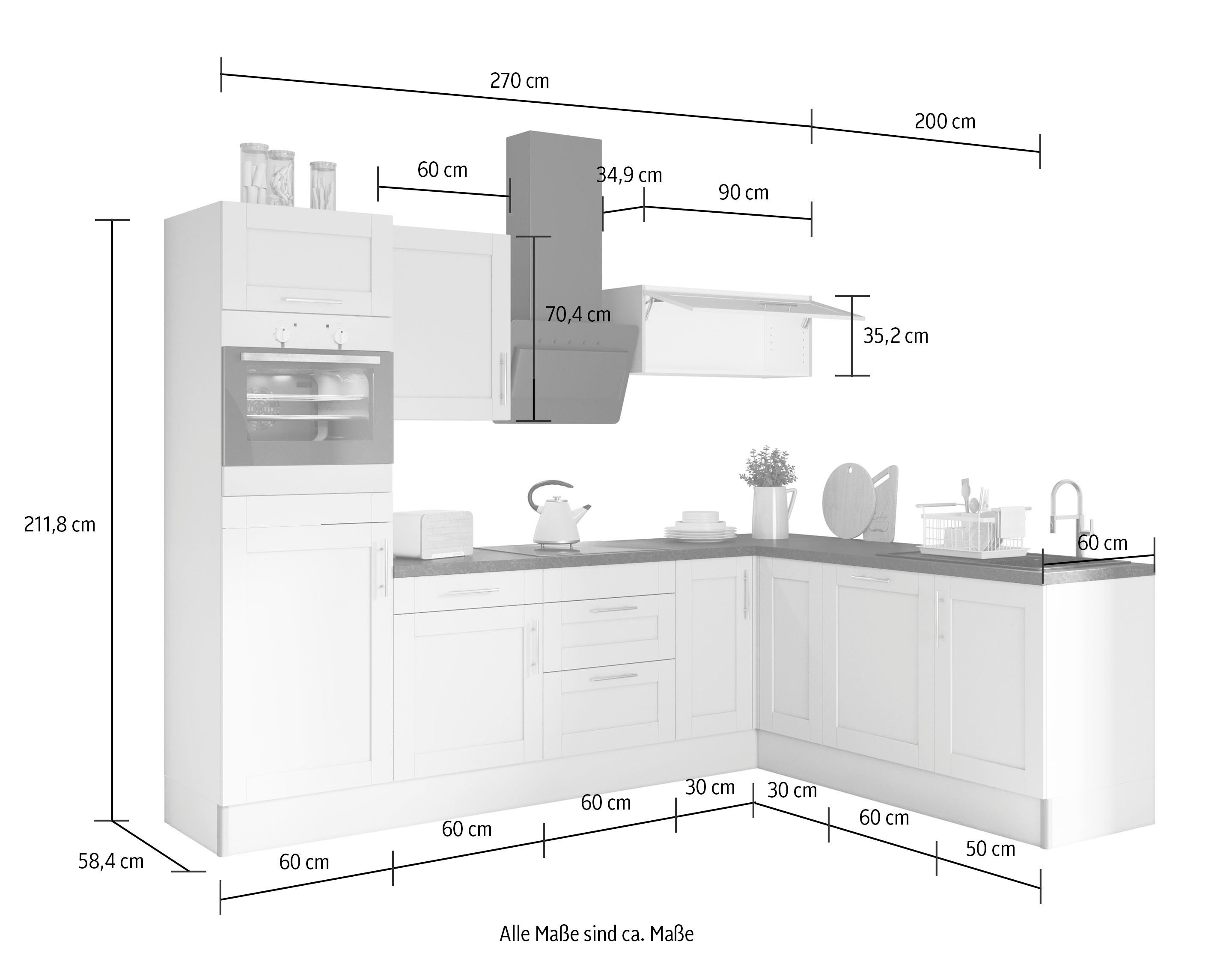 OPTIFIT Küche Ahus, 200 x 270 cm breit, ohne E-Geräte, Soft Close Funktion, MDF Fronten