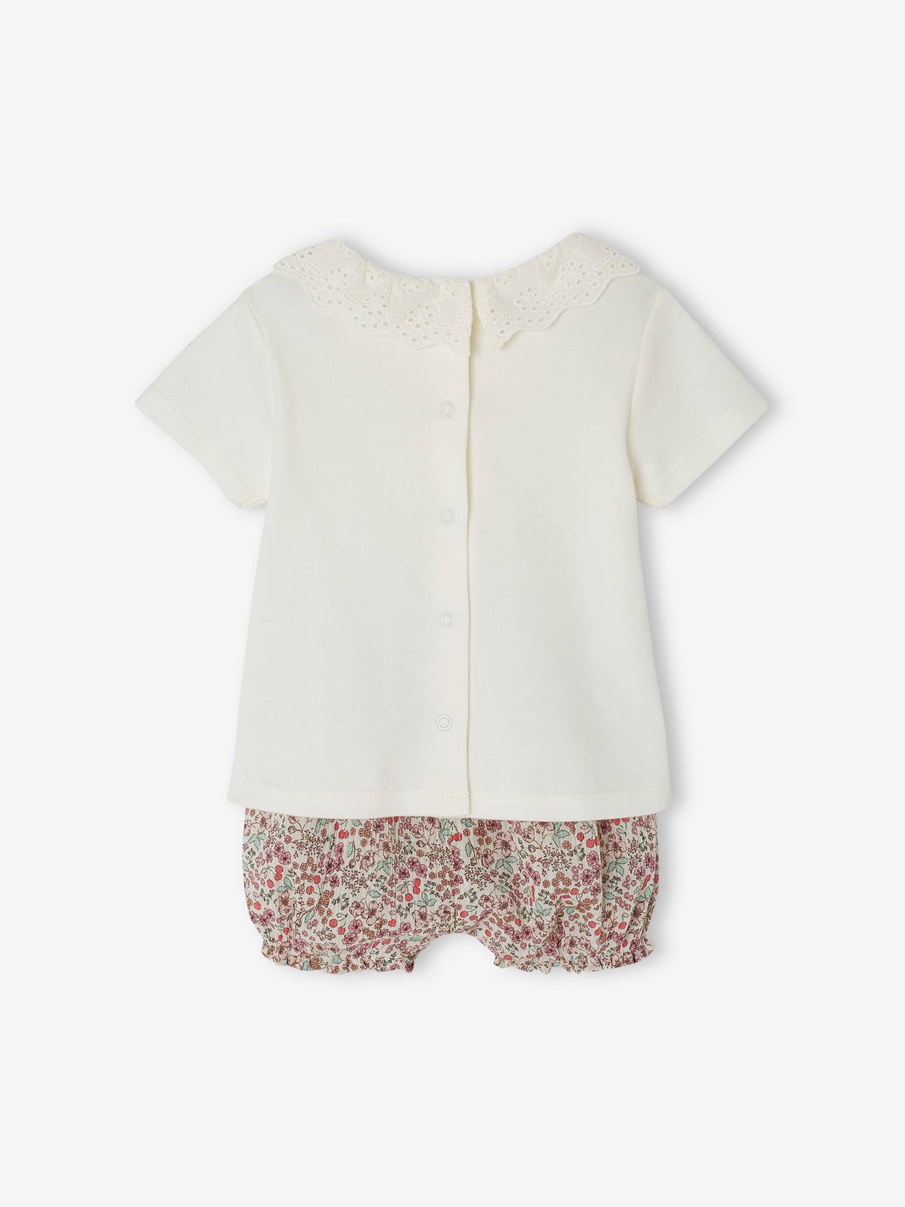 Vertbaudet Baby-Set: T-Shirt mit Kragen & geblümte Shorts, personalisierbar - wollweiß