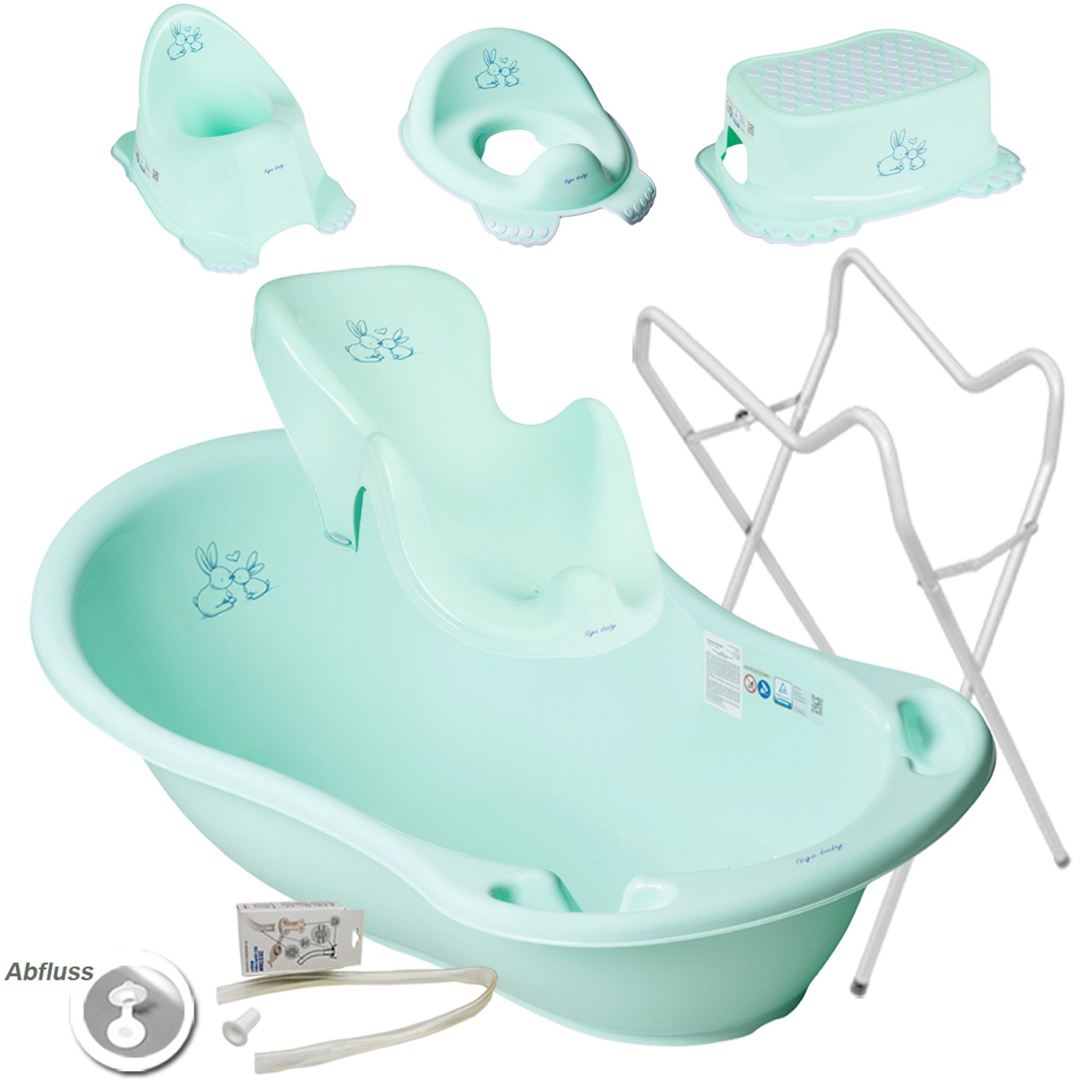 Tega-Baby Babybadewanne 6 Teile SET AB -BUNNIES + Ständer Weiß - Abflussset Baby Wanne, (Premium.set Made in Europe), **Wanne+ Sitz+ Töpfchen+ WC Aufsatz+ Hocker+ Ablauf Set+ Ständer**