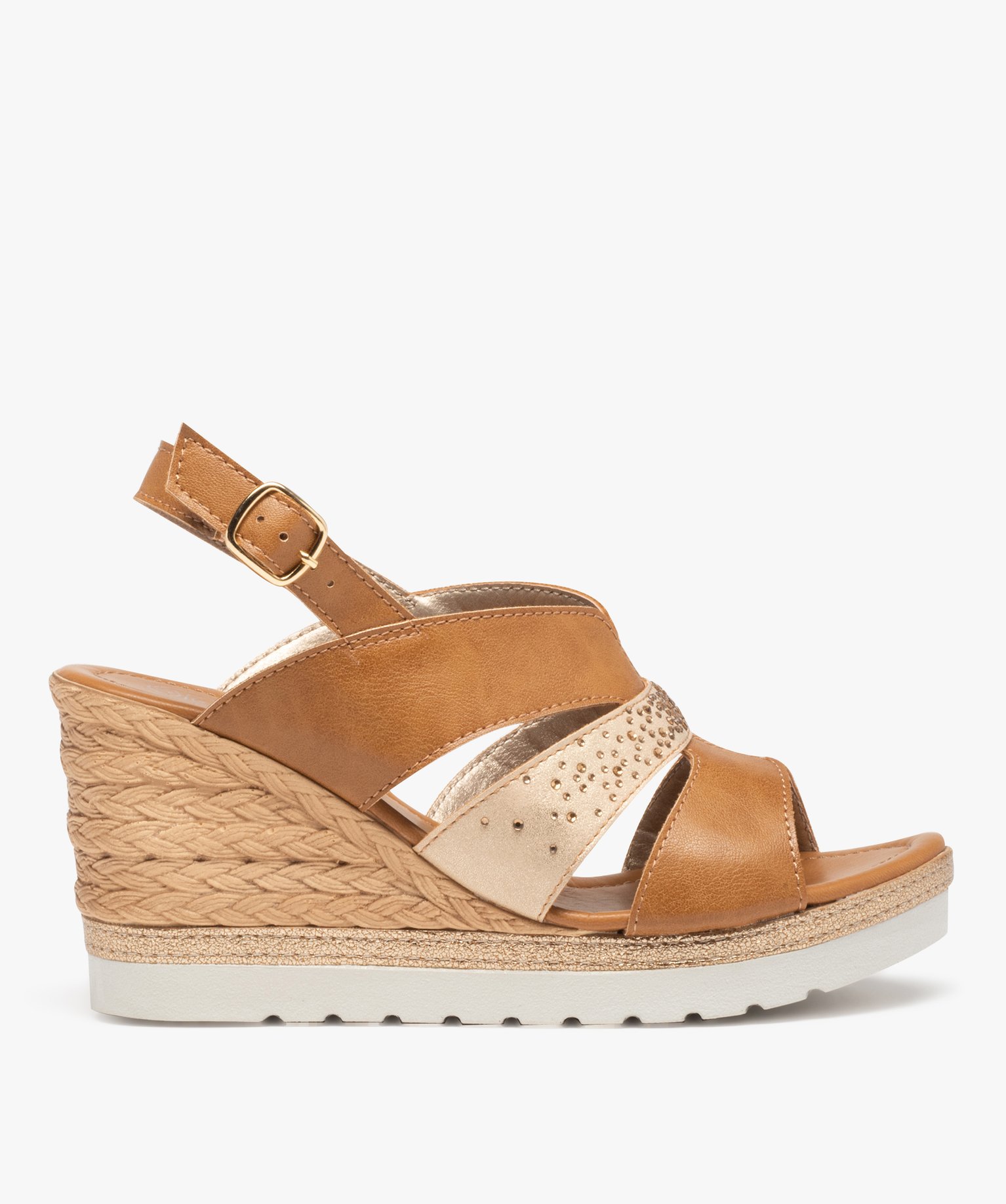 Sandales femme compensées bride métallisée à strass camel | GEMO