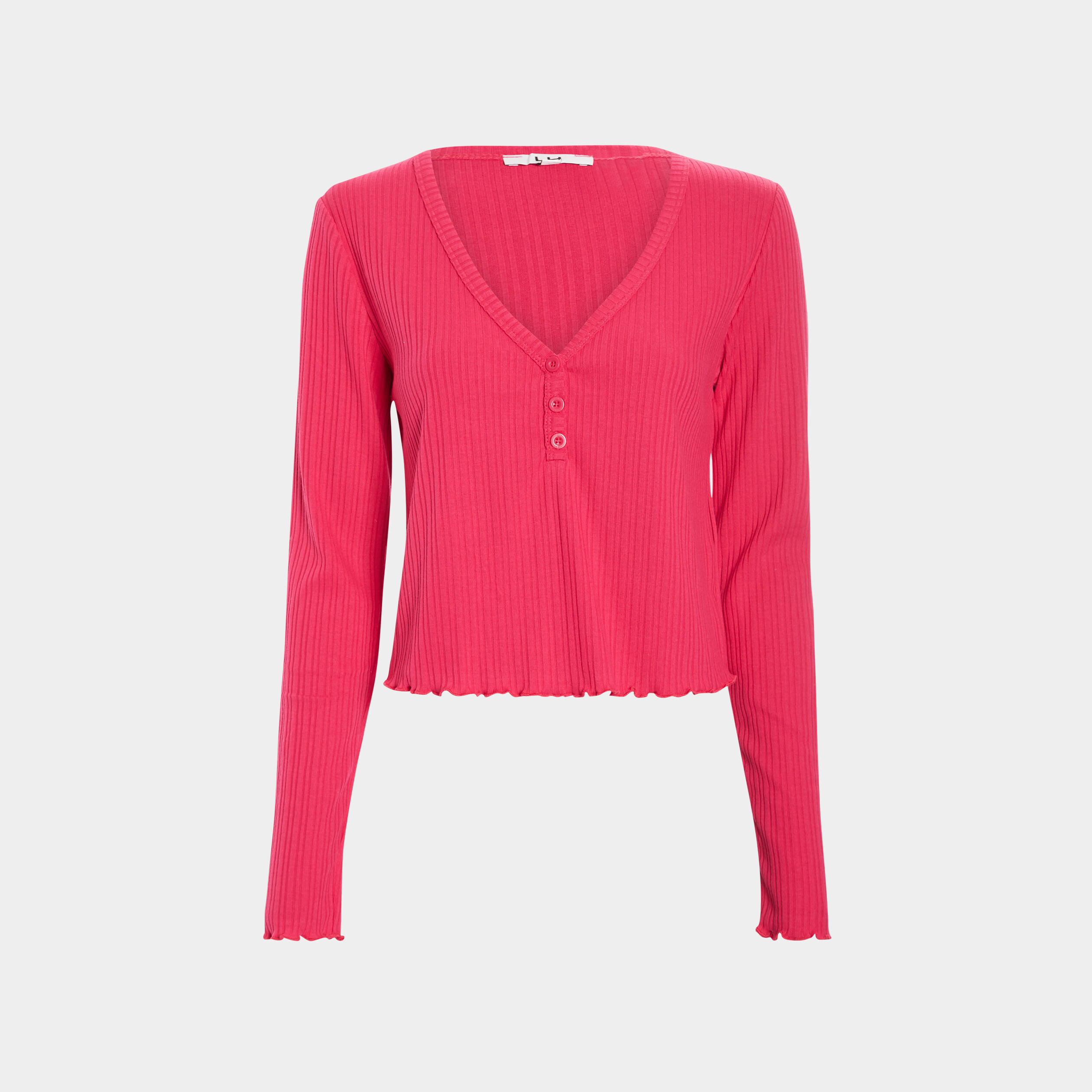 T-shirt côtelé avec col en V rose vif femme | La Halle