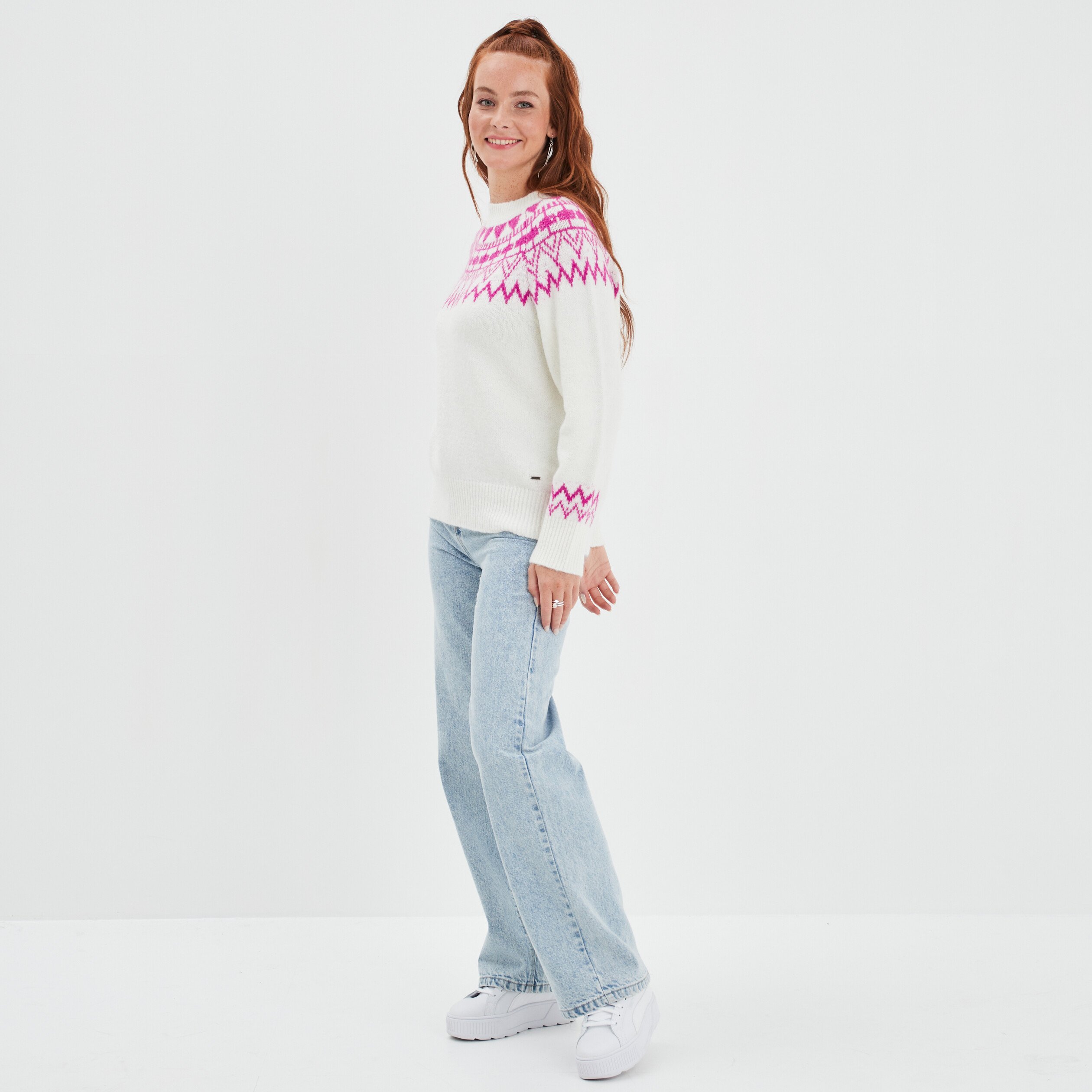 Pull col rond manches longues Creeks blanc femme | La Halle