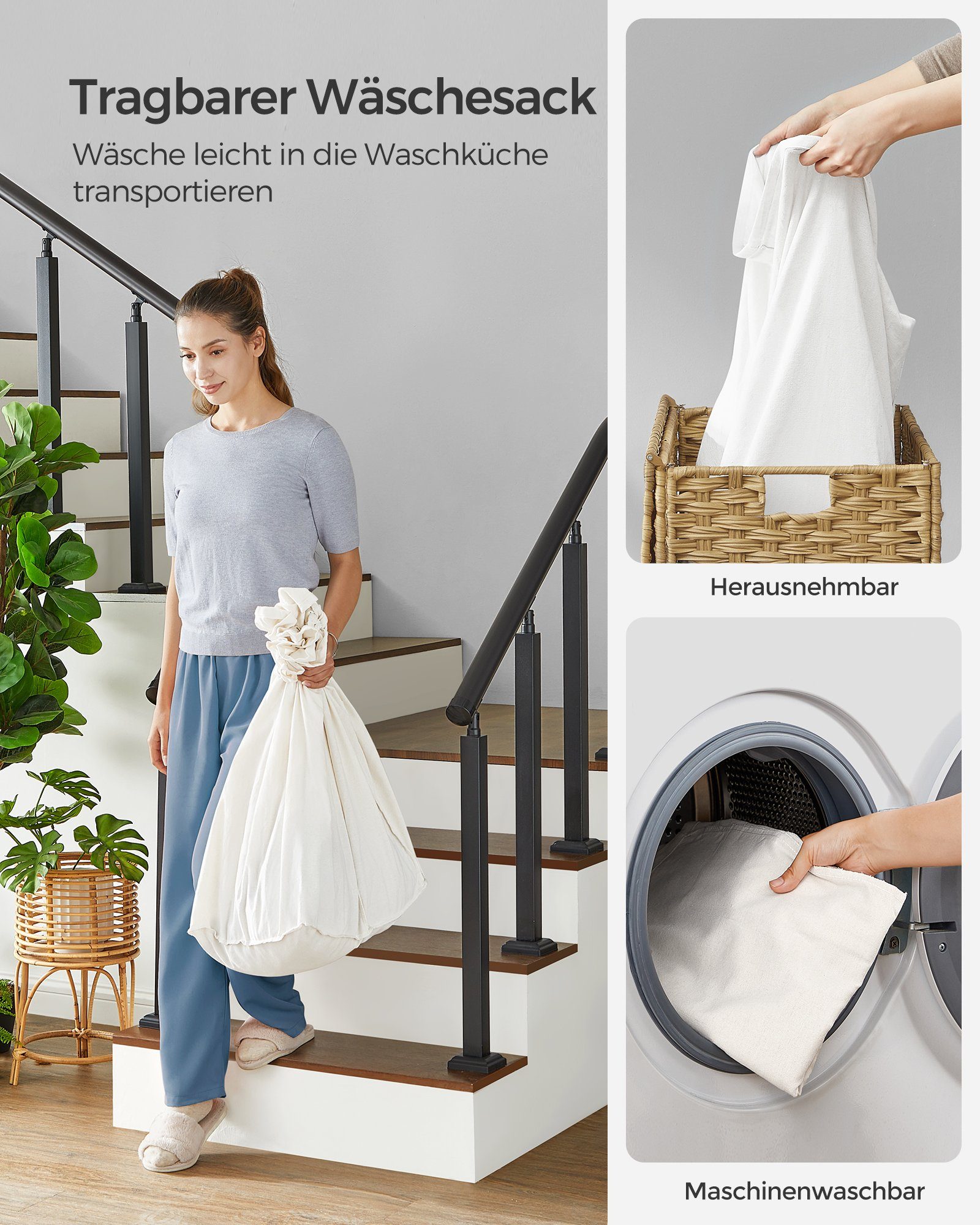 SONGMICS Wäschekorb, 140 L, mit 3 Fächern, herausnehmbare Tasche, Griffe