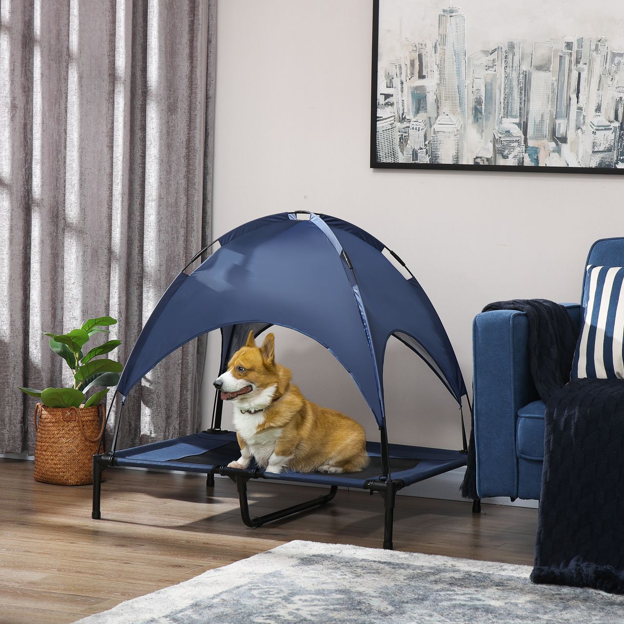 PawHut Haustierbett mit Baldachin Erhöhtes Hundebett Hundeliege outdoor Blau
