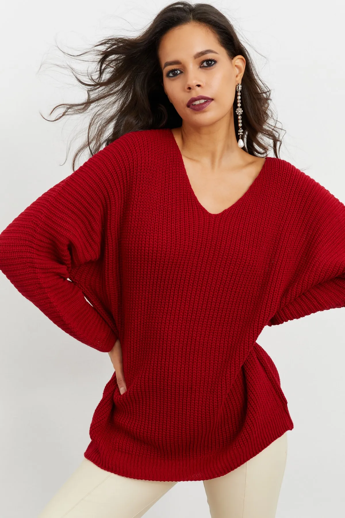 Cool & Sexy  Burgunderrote Damen-Stricktunika mit V-Ausschnitt, lockere Passform, SMT158