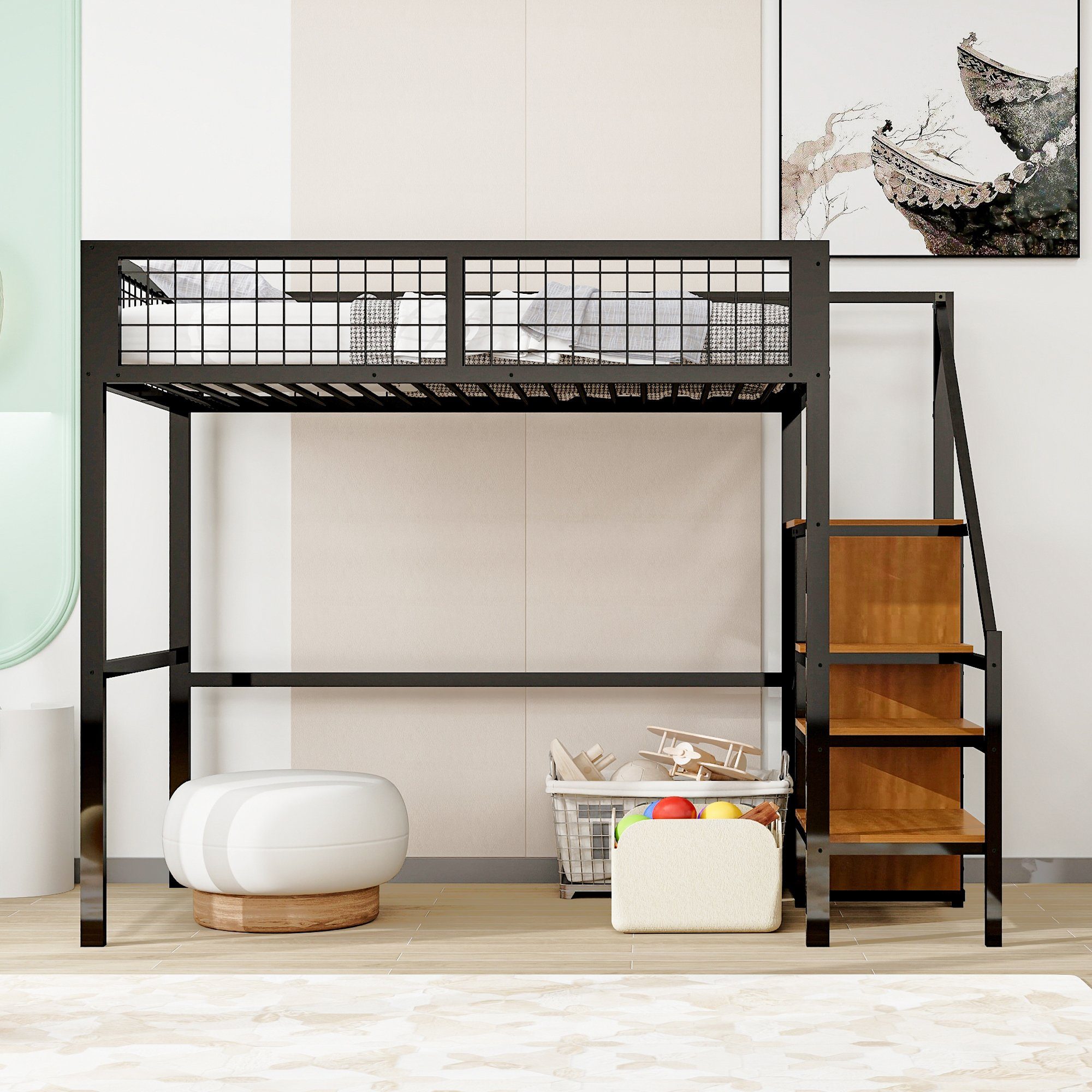 REDOM Metallbett Hochbett Einzelbett Stauraumbett Funktionsbett 90x200 cm (mit Leiter, Kinderbett mit Eisenrahmen und Aufbewahrungsregal, Kleiderschrank), ohne Matratze, Kein Stuhl