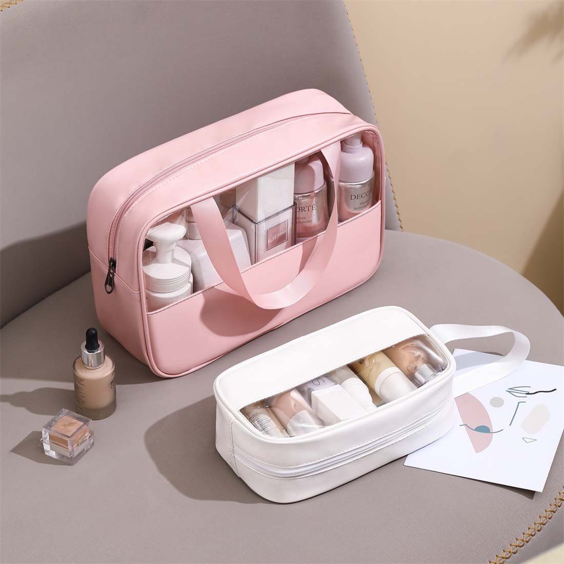 FIDDY Aufbewahrungstasche Transparente Kosmetik-Kulturtasche für Damen,Kulturbeutel (Aufbewahrungstasche und tragbarem Reisetaschen-Set mit großem Fassungsvermögen, 3-tlg)