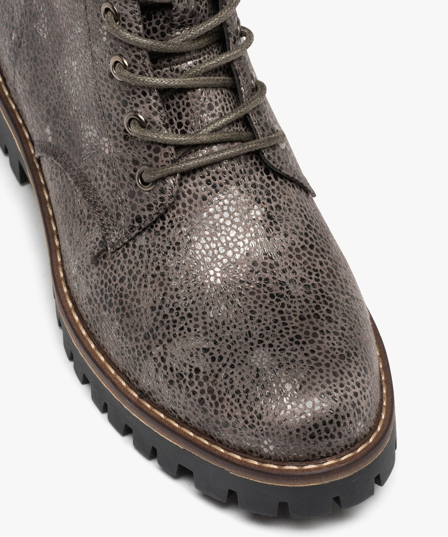 Boots lacées à semelle crantée et reflets brillants femme gris | GEMO