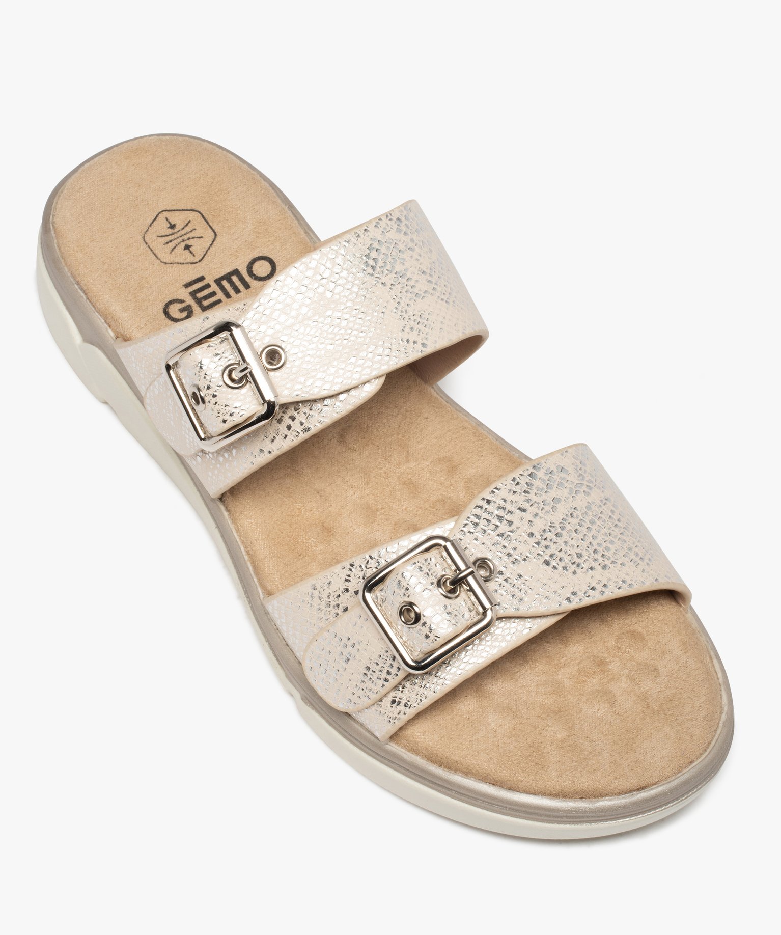 Mules femme confort à brides métallisées ajustables beige | GEMO