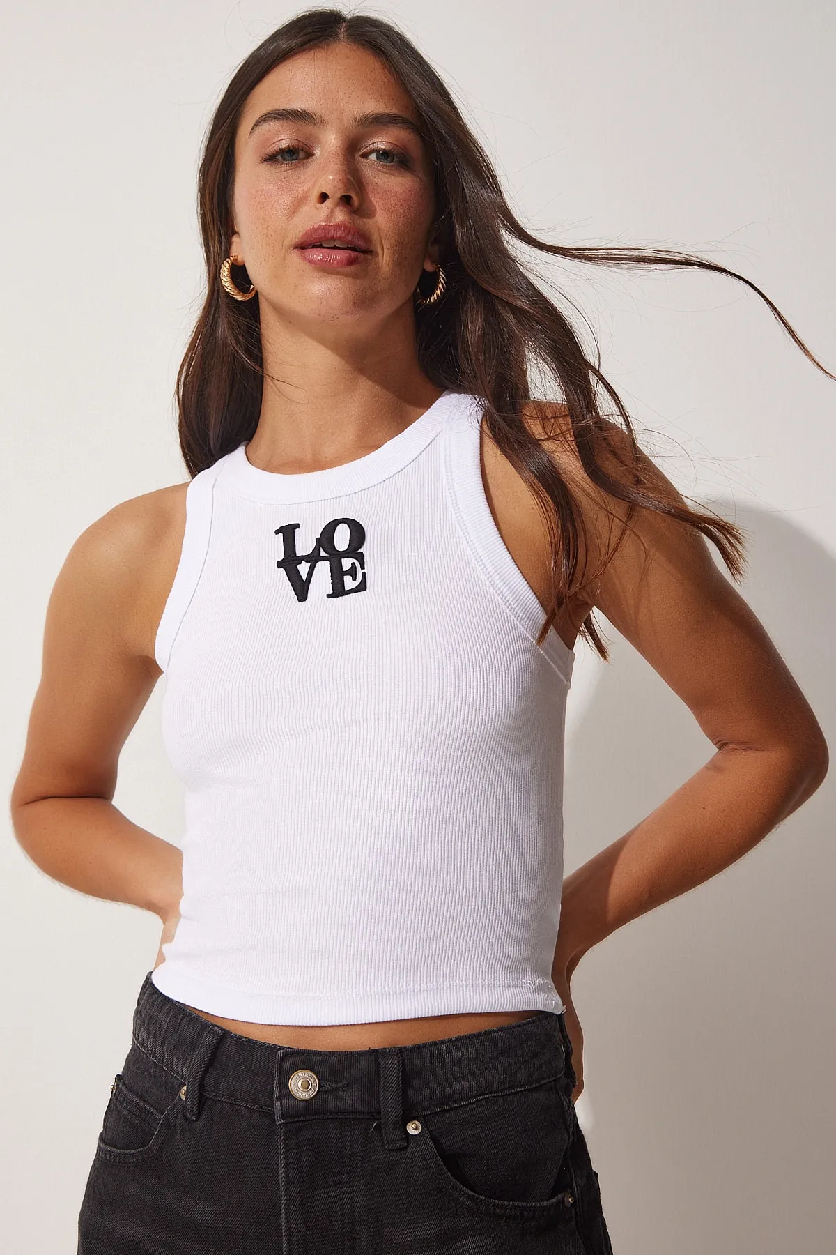 Happiness İstanbul  Damen-Bluse mit Neckholder, bestickt, schnurgebunden, kurz geschnitten, weiß, US00904