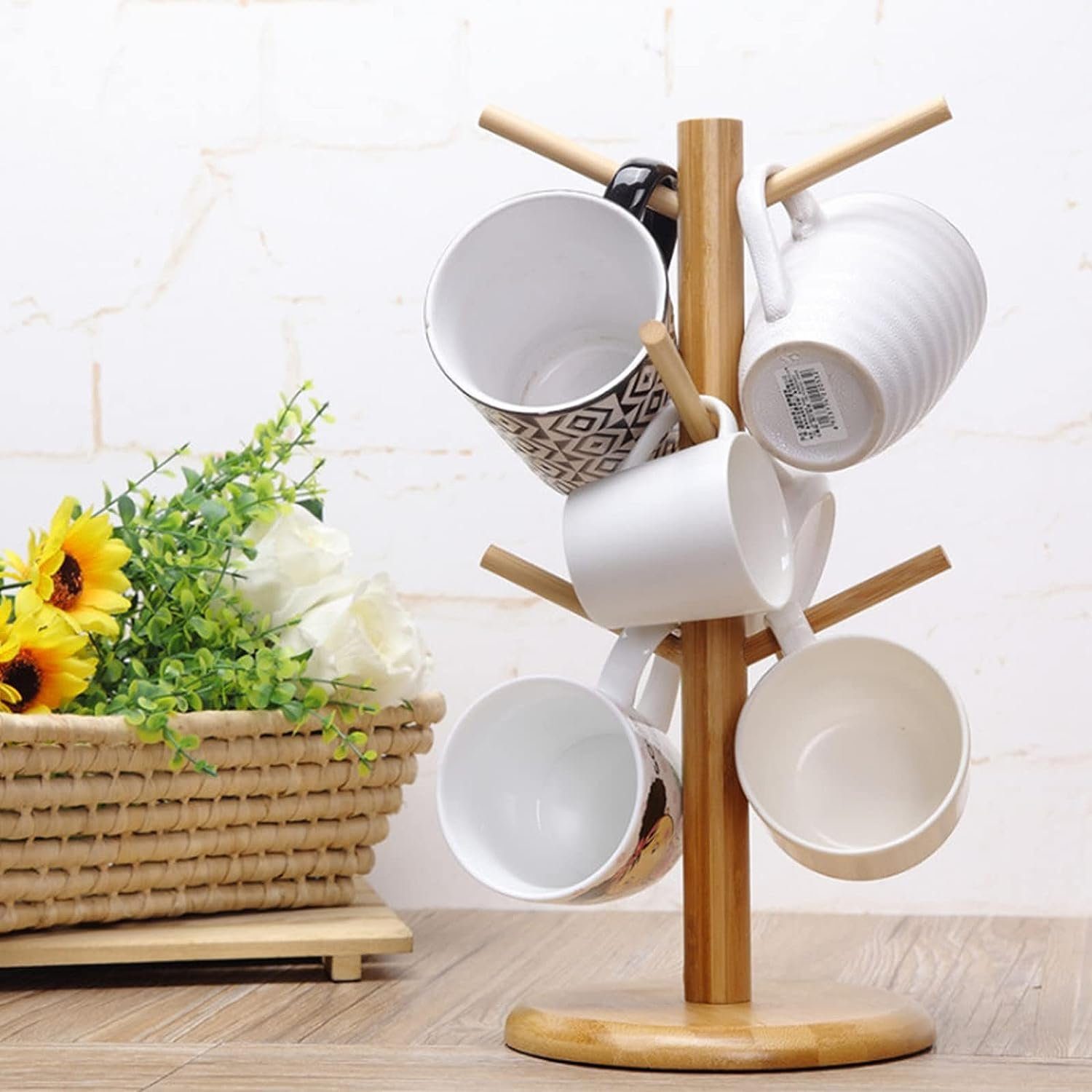 Bedee Gläserhalter Tassenhalter Becherhalter Bambus, Kaffee Tassenhalter mit 6 Haken (Baum Becher Halter Baum Kaffeebecher Gestell Getränkehalter, 1 St., Brezelständer aus Bambus), Rack Regal für Küche Zähler und Display Besteck Lagerung und Trocknun