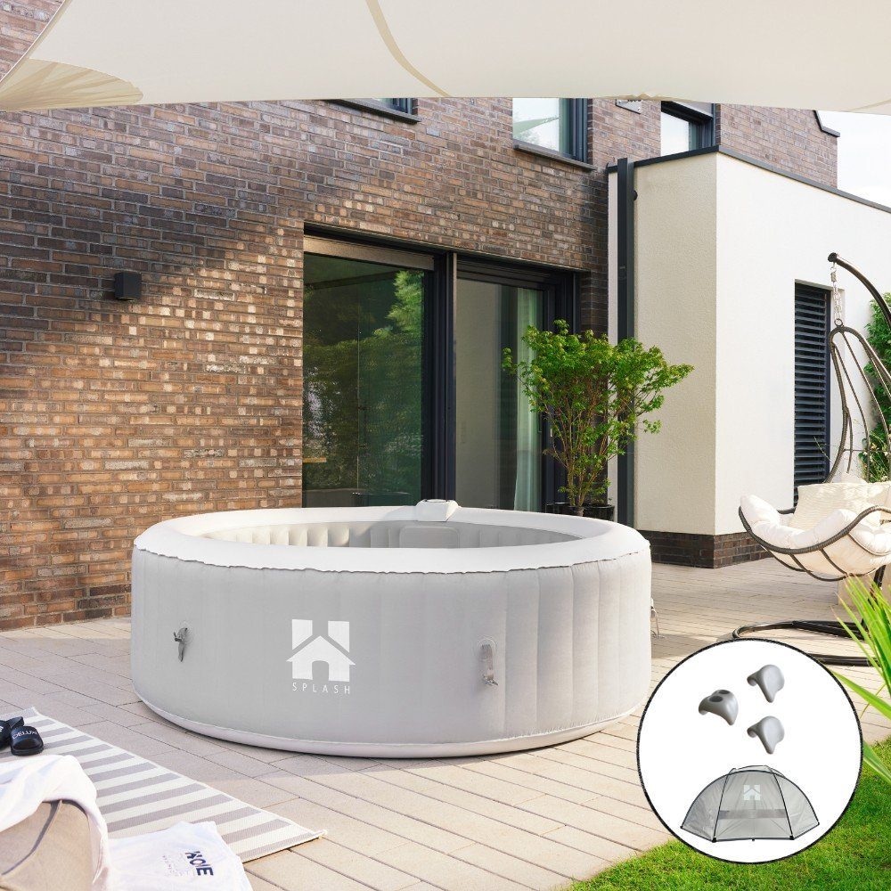 HOME DELUXE Whirlpool Outdoor aufblasbarer Whirlpool SPLASH ⌀ 208 cm, (Set, inkl. Kissen, Abdeckung, Getränkehalter & Sonnendach), Für bis zu 6 Personen, 130 Luftdüsen, Schnellheizung