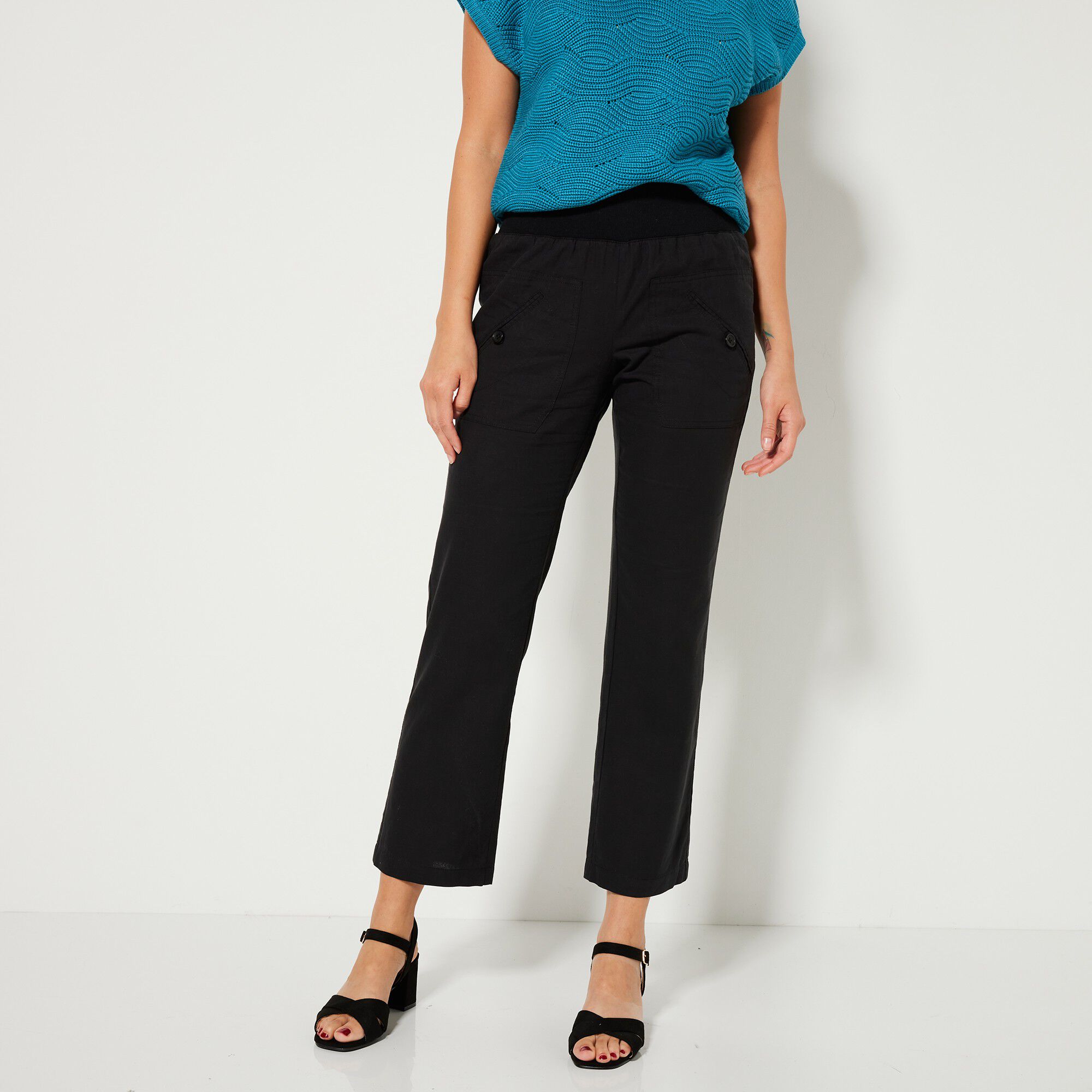 Pantalon coupe droite 7/8ème taille élastiquée, lin coton